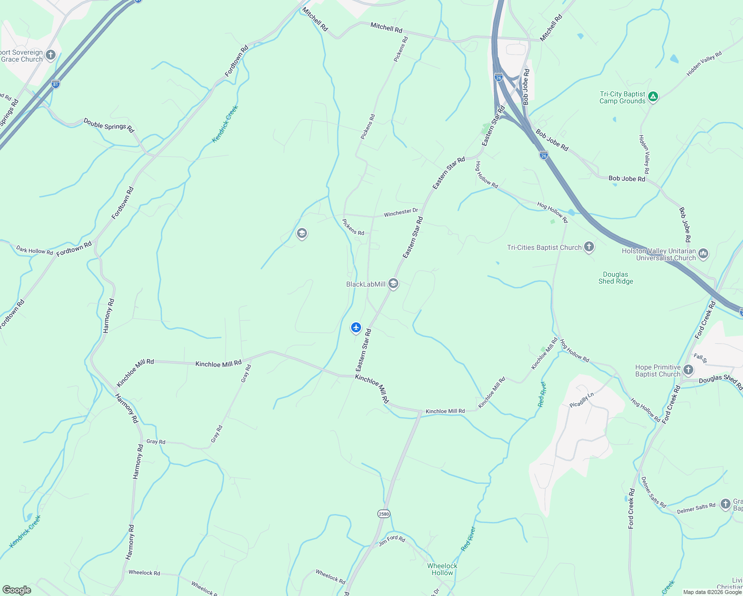 map of restaurants, bars, coffee shops, grocery stores, and more near 179 Eastern Star Road in Kingsport
