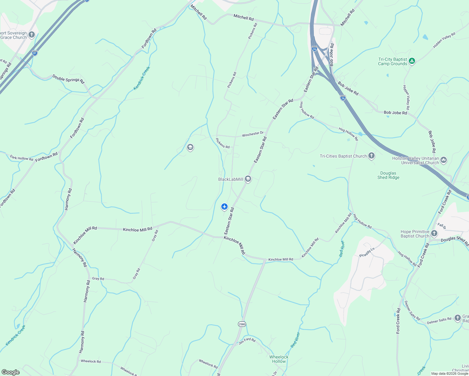 map of restaurants, bars, coffee shops, grocery stores, and more near 179 Eastern Star Road in Kingsport