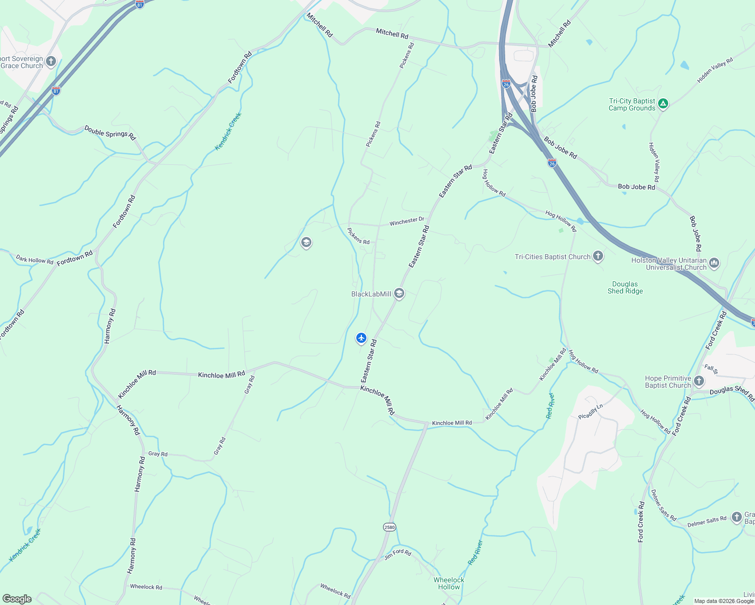 map of restaurants, bars, coffee shops, grocery stores, and more near 179 Eastern Star Road in Kingsport