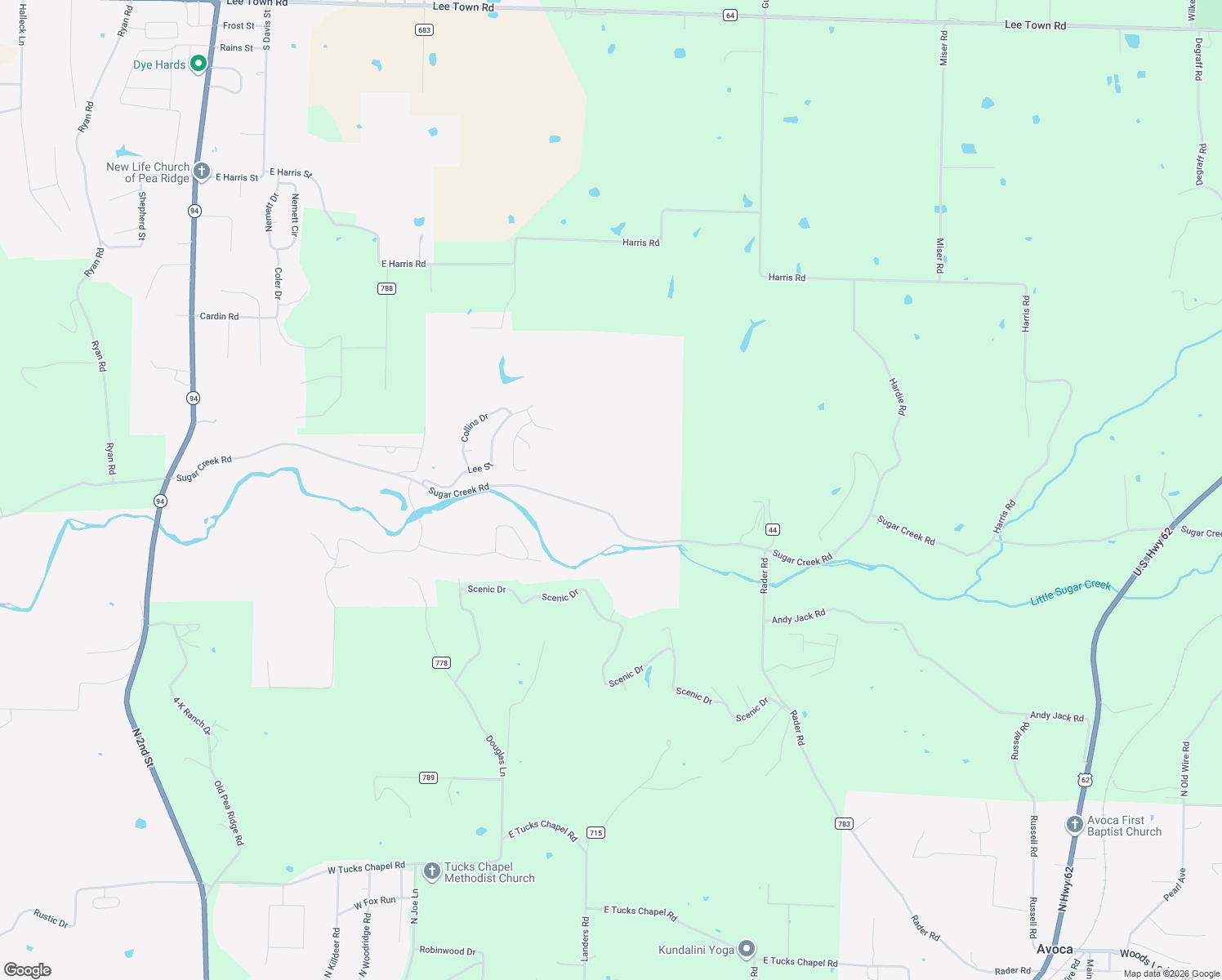 map of restaurants, bars, coffee shops, grocery stores, and more near 12824 Sugar Creek Road in Pea Ridge
