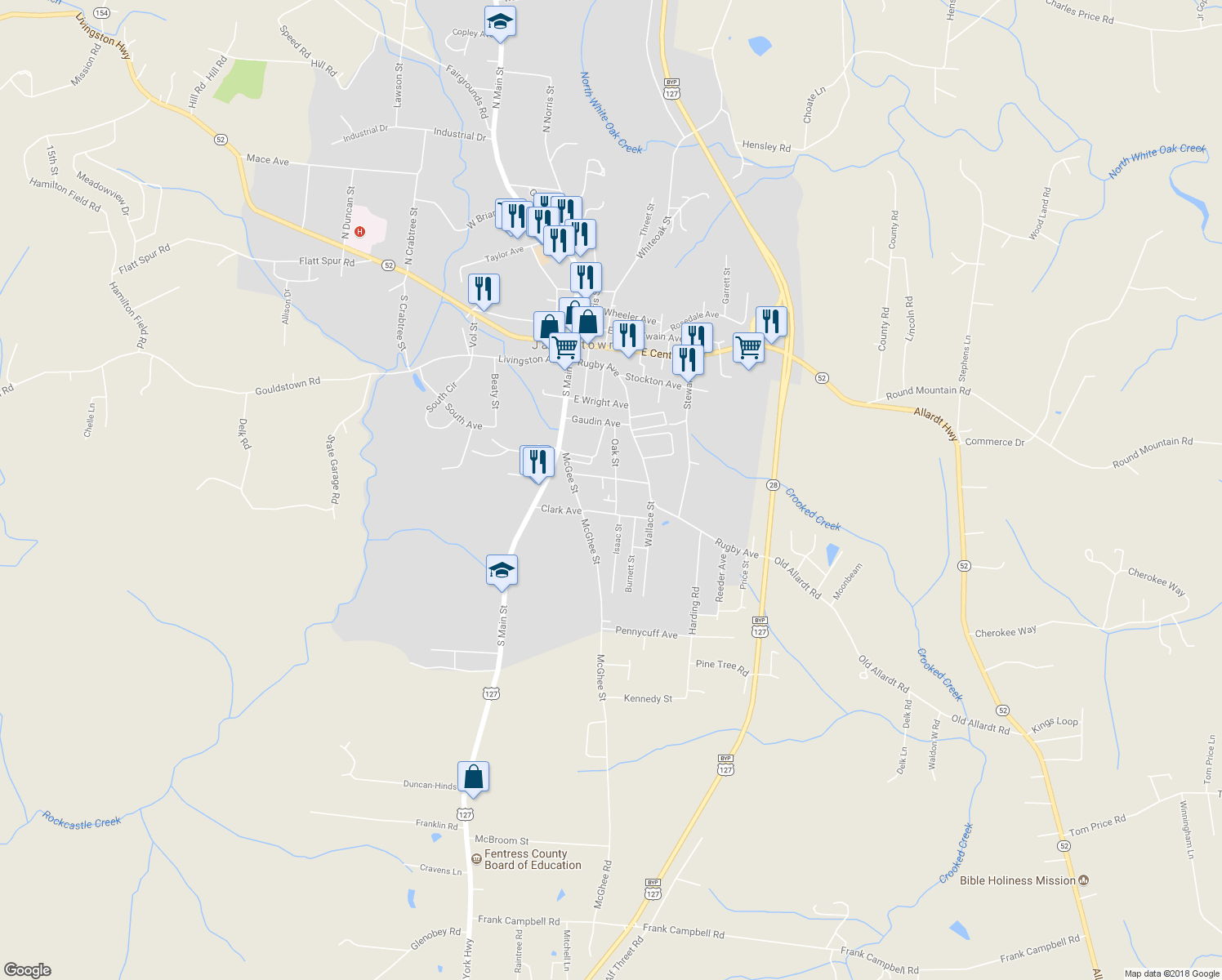 map of restaurants, bars, coffee shops, grocery stores, and more near 401 Oak St in Jamestown