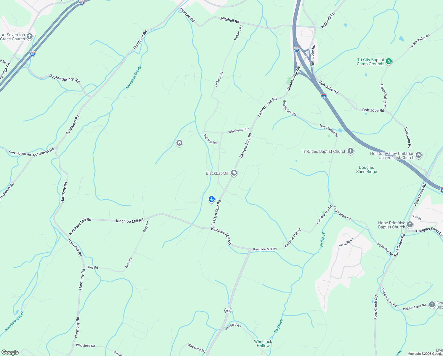 map of restaurants, bars, coffee shops, grocery stores, and more near 179 Eastern Star Road in Kingsport