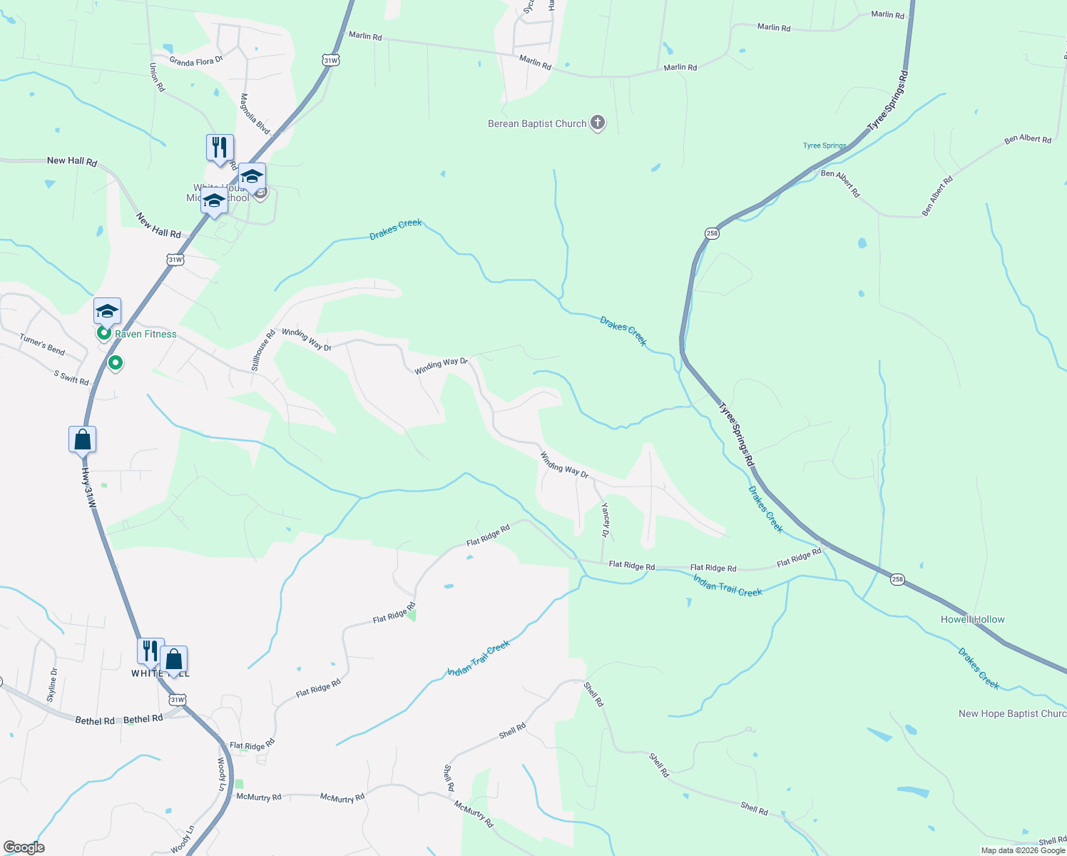 map of restaurants, bars, coffee shops, grocery stores, and more near 1435 Winding Way Drive in White House
