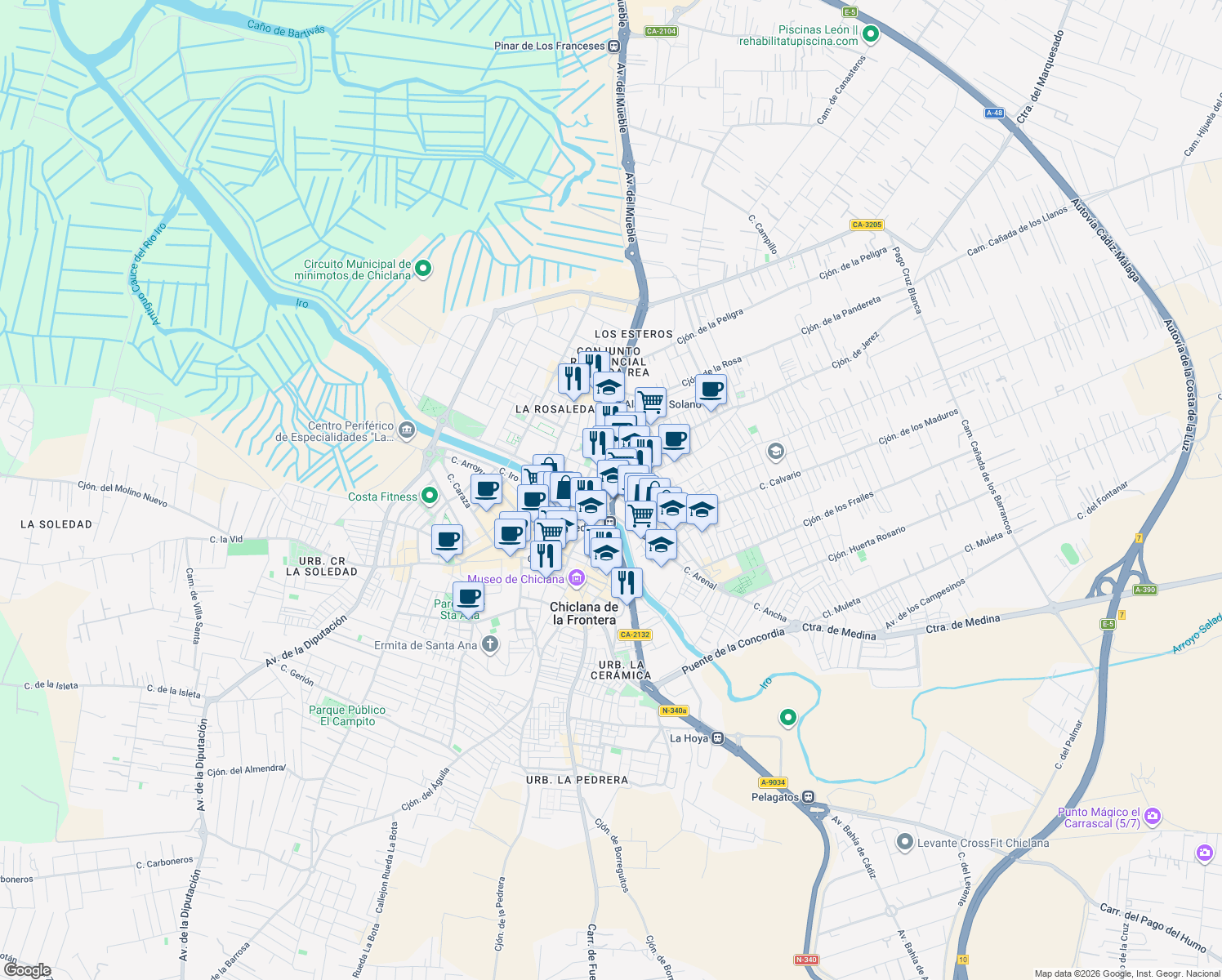 map of restaurants, bars, coffee shops, grocery stores, and more near 2 Calle de Mendizábal in Chiclana de la Frontera