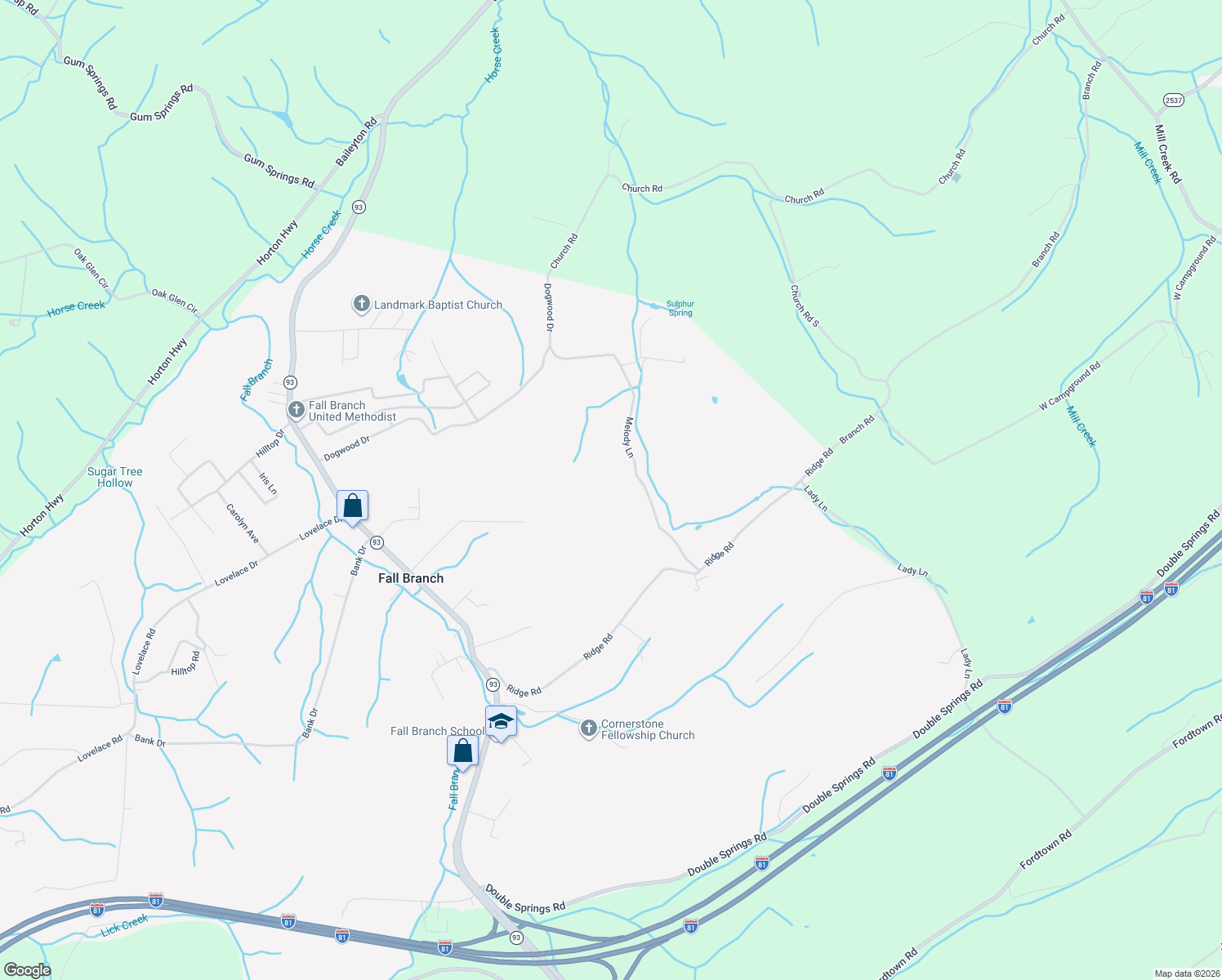 map of restaurants, bars, coffee shops, grocery stores, and more near 197 Melody Lane in Fall Branch