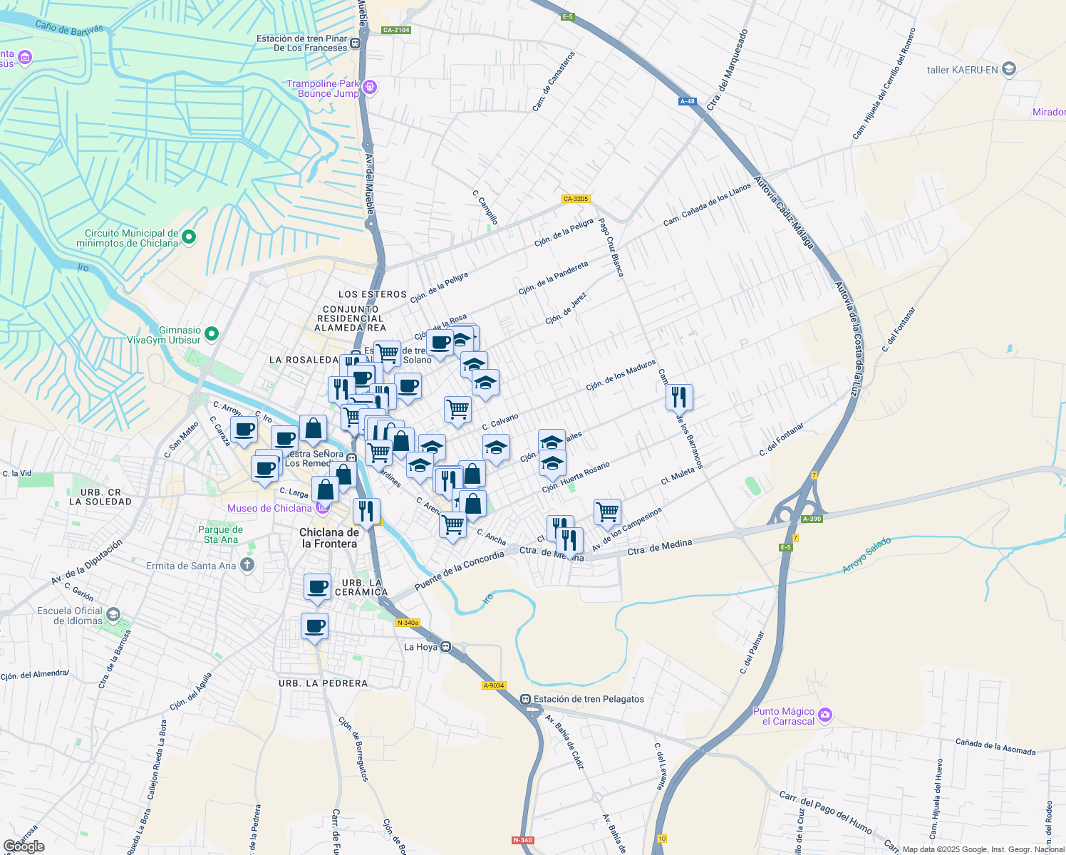map of restaurants, bars, coffee shops, grocery stores, and more near 6 Calle la Gomera in Chiclana de la Frontera