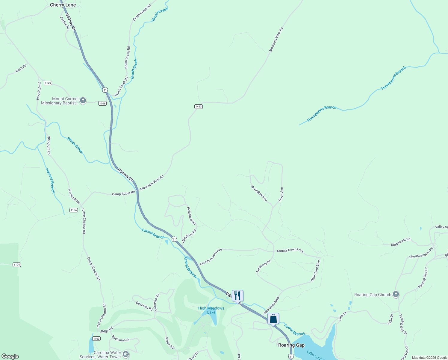 map of restaurants, bars, coffee shops, grocery stores, and more near 314 Mitchells Gorge in Glade Valley