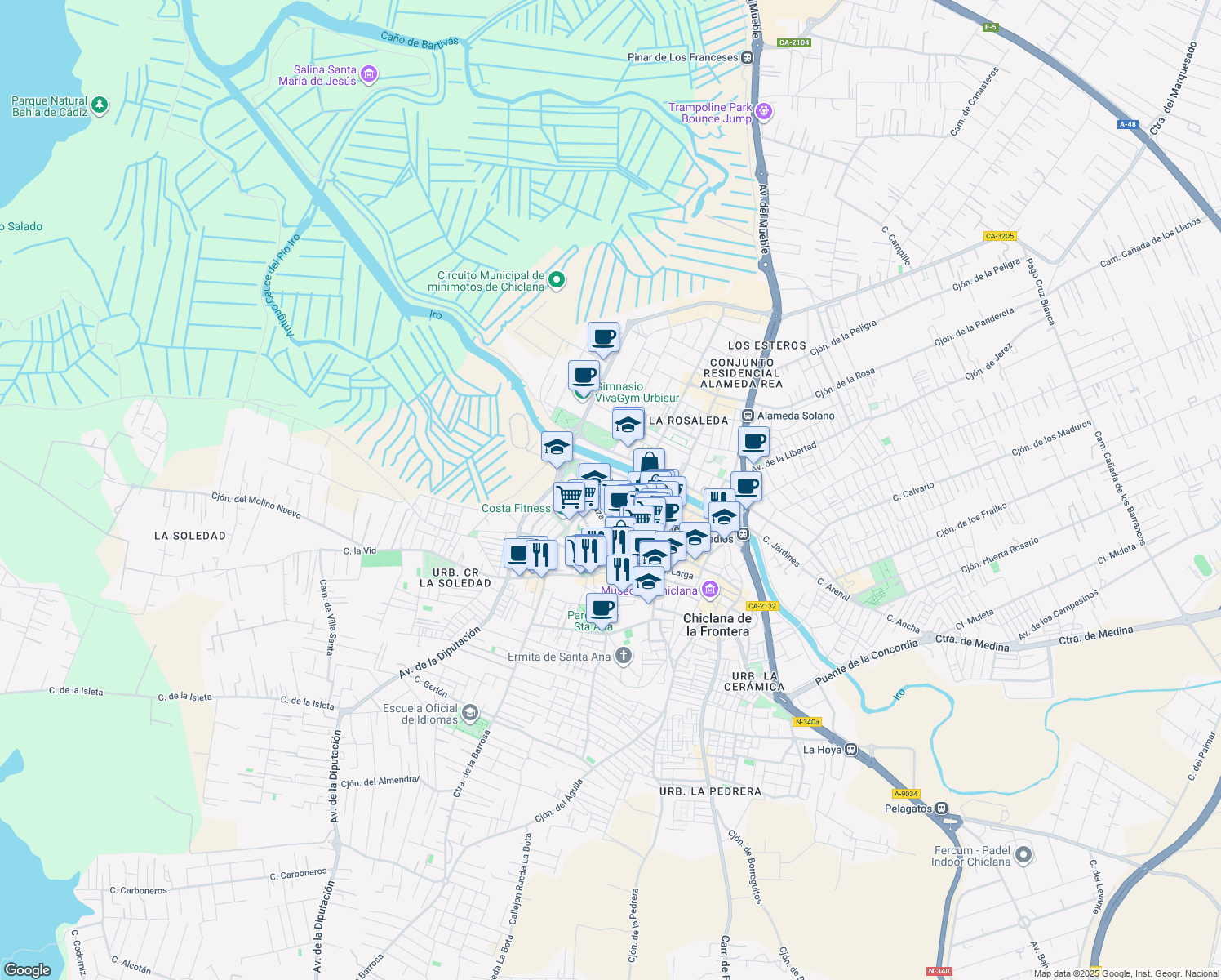 map of restaurants, bars, coffee shops, grocery stores, and more near Calle Cádiz in Chiclana de la Frontera
