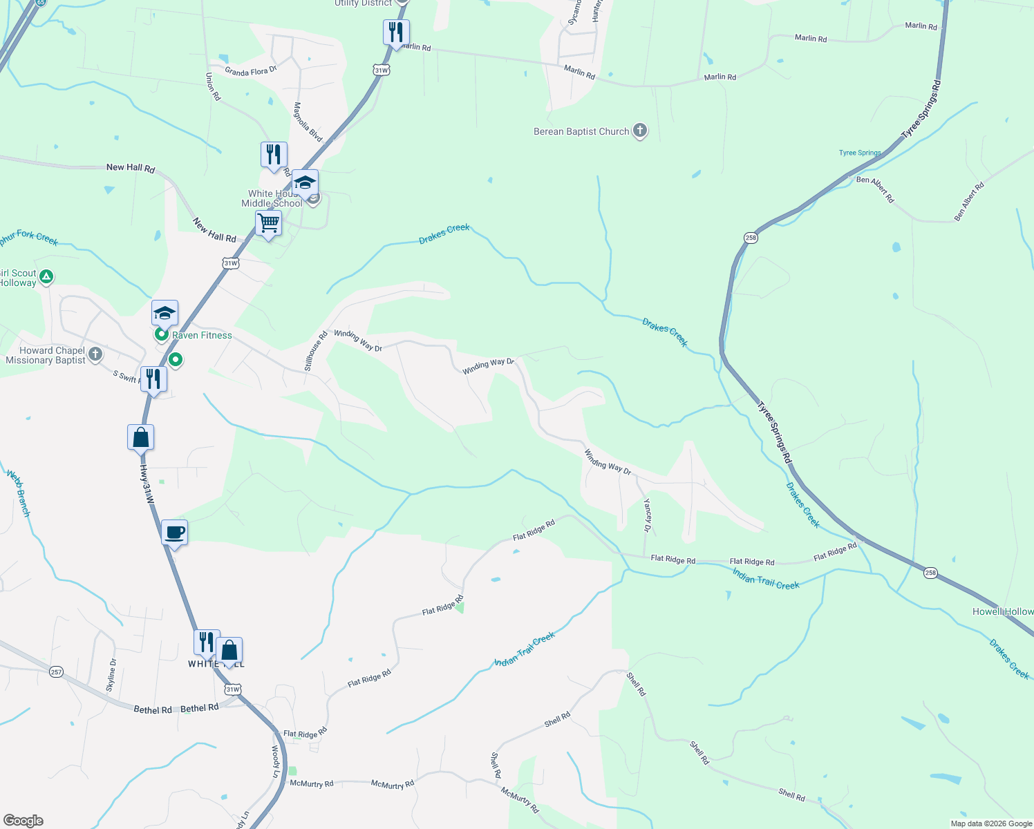 map of restaurants, bars, coffee shops, grocery stores, and more near 1328 Winding Way Drive in White House