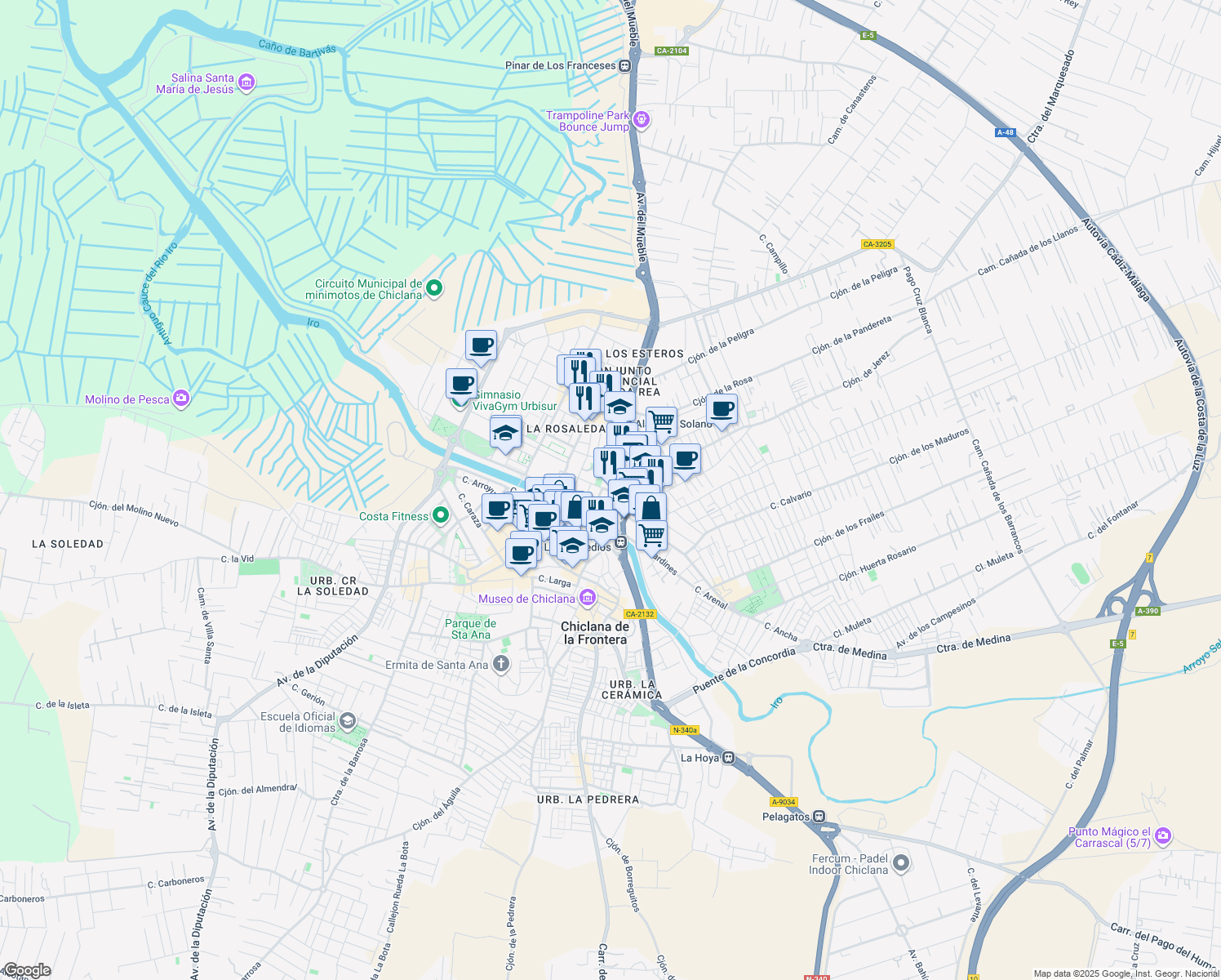 map of restaurants, bars, coffee shops, grocery stores, and more near 6 Calle de San Antonio in Chiclana de la Frontera