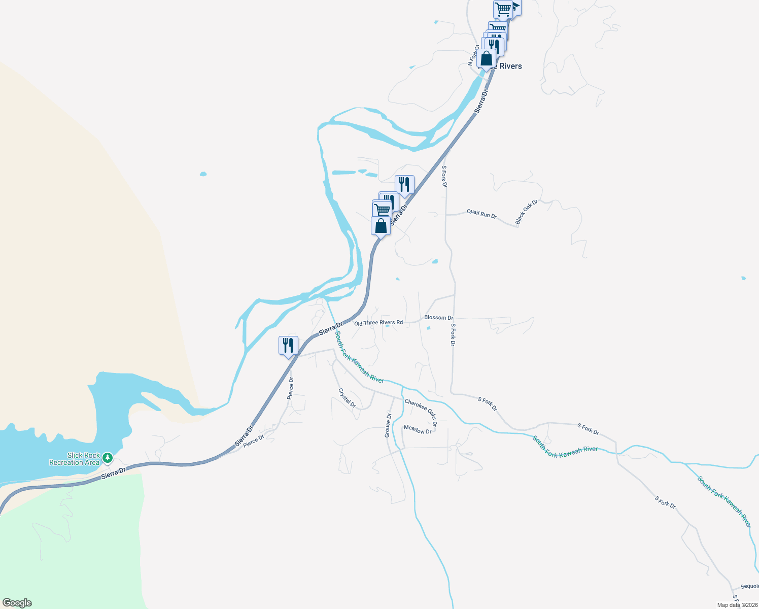 map of restaurants, bars, coffee shops, grocery stores, and more near 40675 Old 3 Rivers Rd in Three Rivers