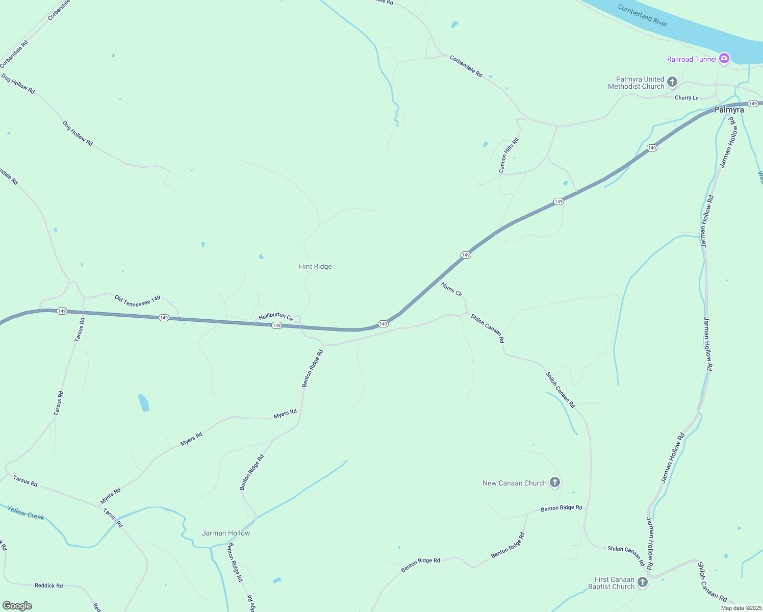 map of restaurants, bars, coffee shops, grocery stores, and more near 3181 Tennessee 149 in Palmyra