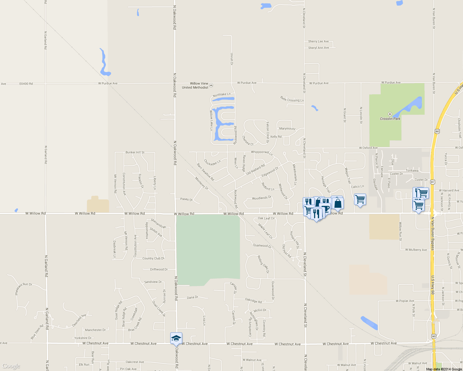 map of restaurants, bars, coffee shops, grocery stores, and more near 3221 Old Mallard Rd in Enid