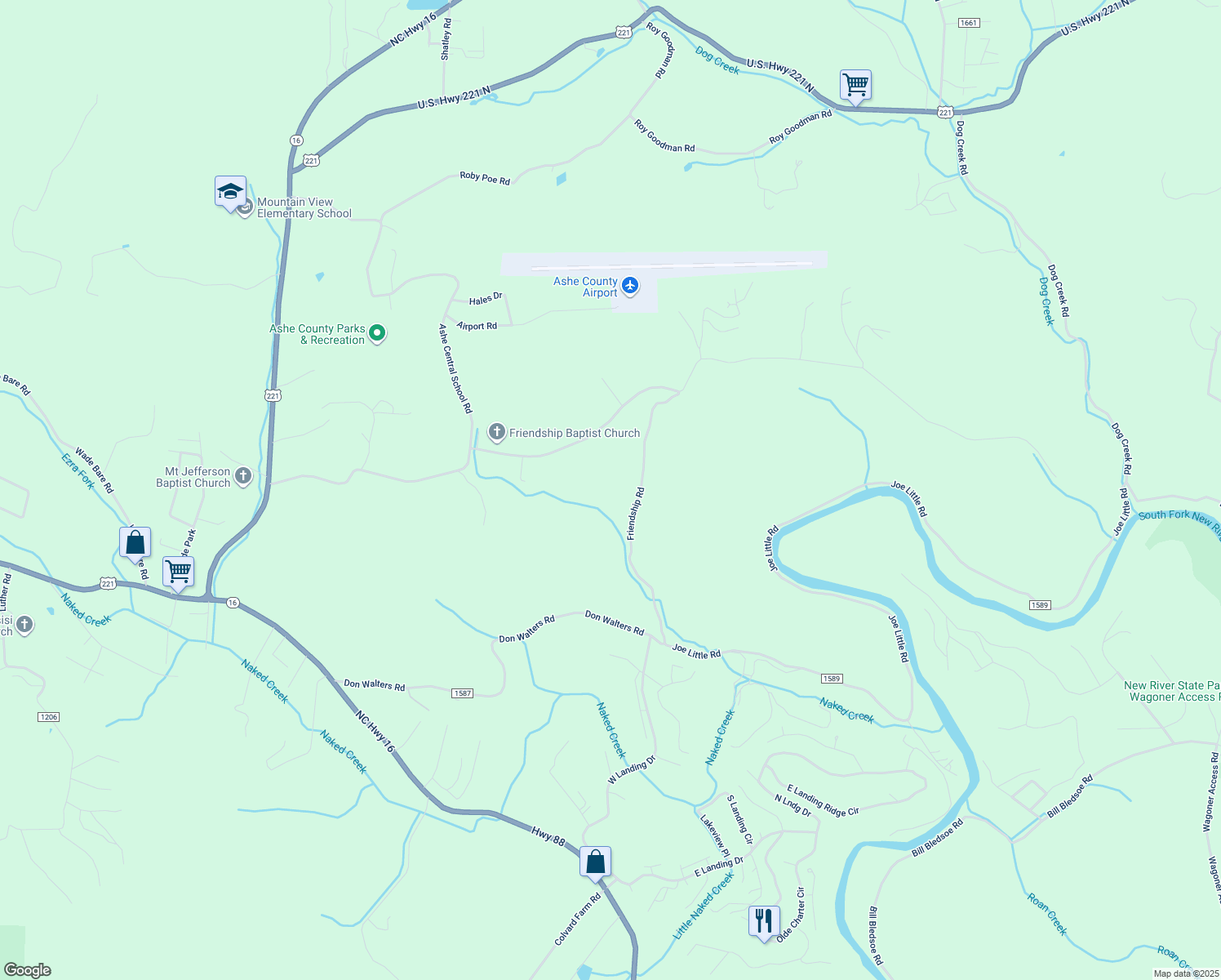map of restaurants, bars, coffee shops, grocery stores, and more near 1132 Friendship Baptist Church Road in Jefferson