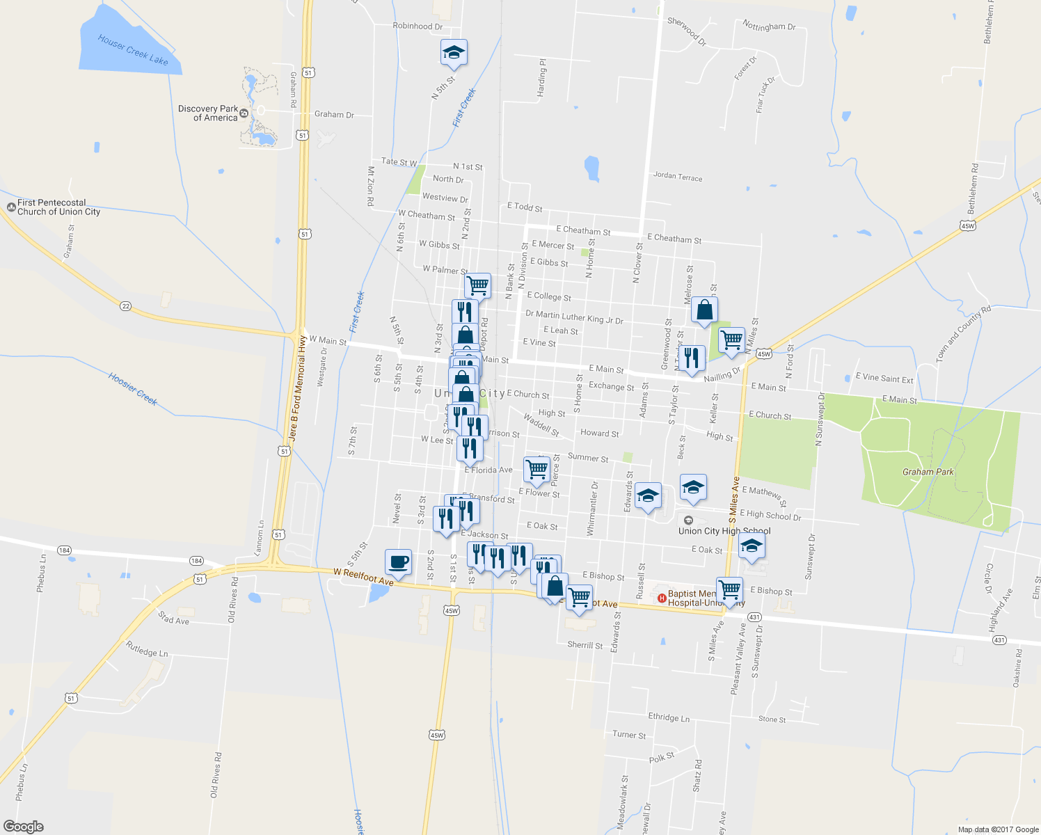 map of restaurants, bars, coffee shops, grocery stores, and more near 419 Waddell Street in Union City