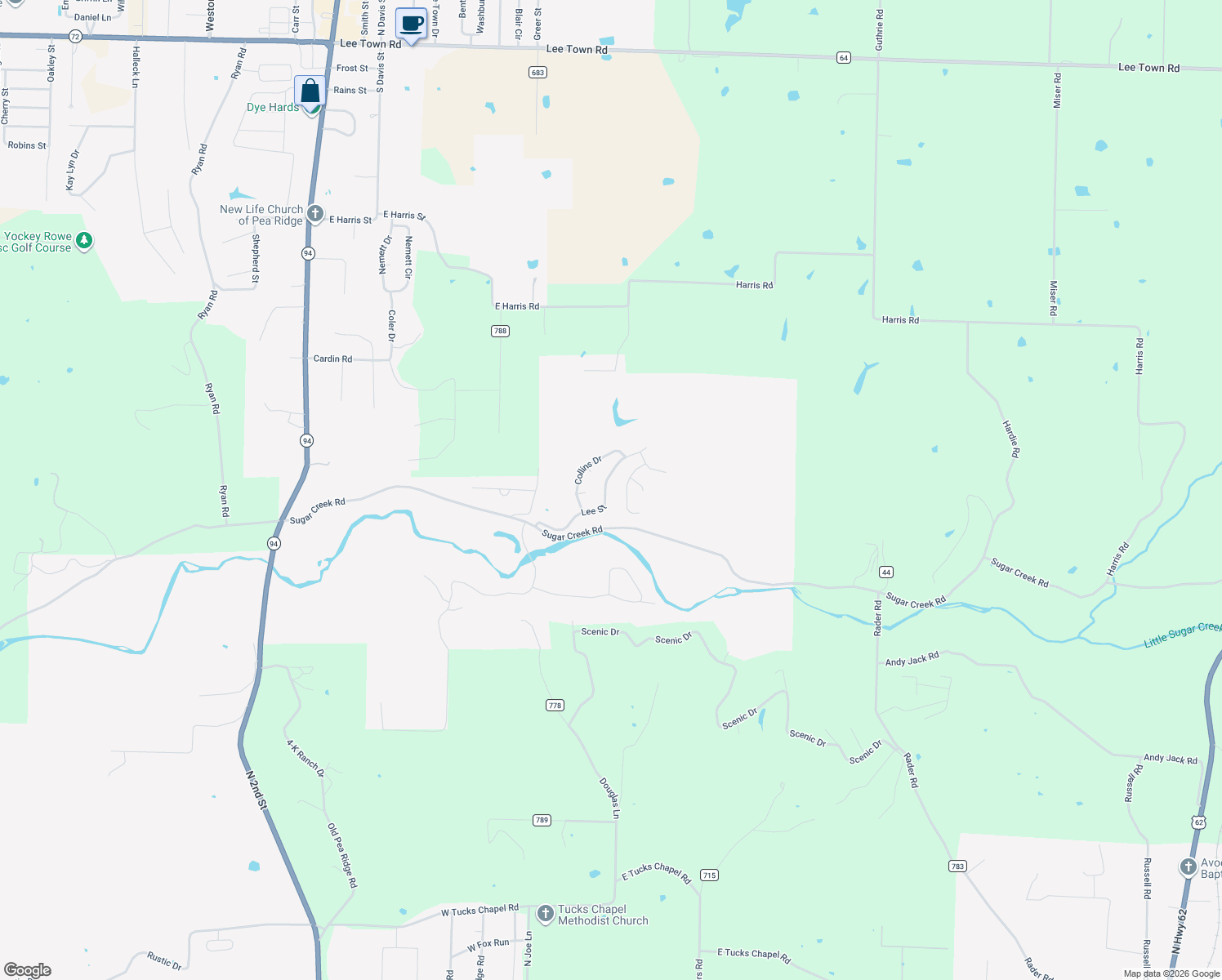 map of restaurants, bars, coffee shops, grocery stores, and more near 1515 Holmes Court in Pea Ridge