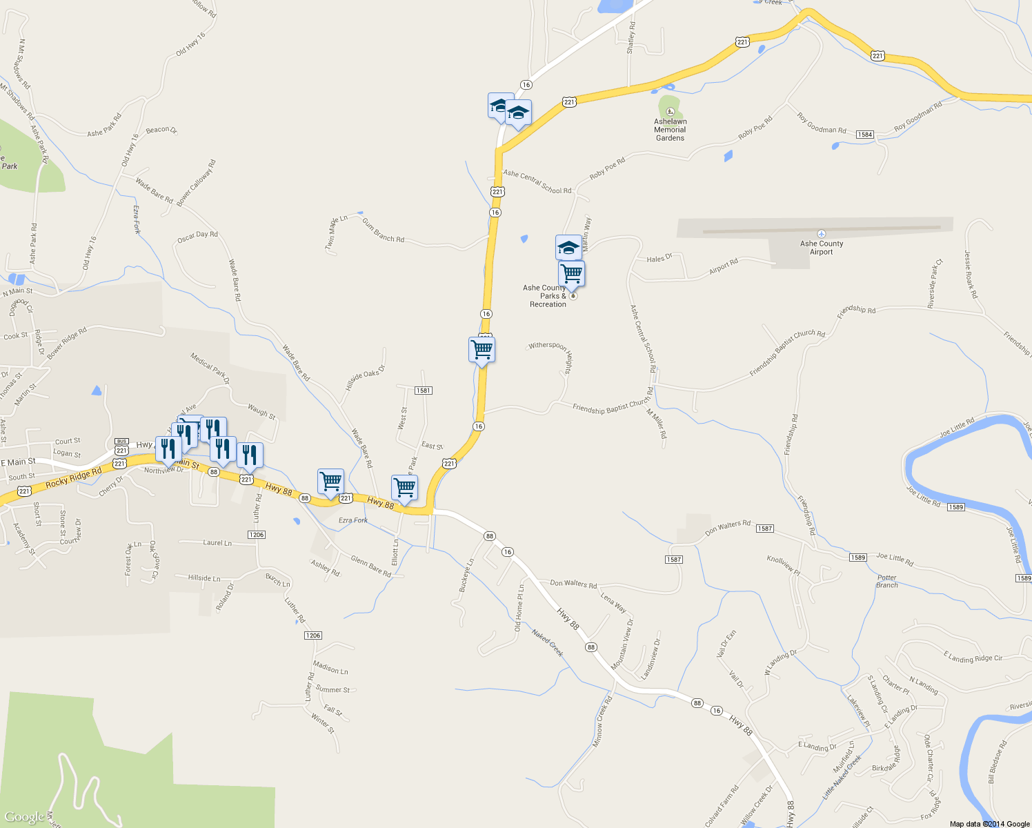 map of restaurants, bars, coffee shops, grocery stores, and more near 198 Friendship Baptist Church Rd in Jefferson