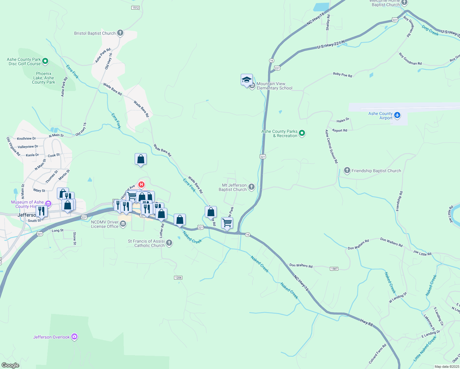 map of restaurants, bars, coffee shops, grocery stores, and more near 294 West Street in Jefferson