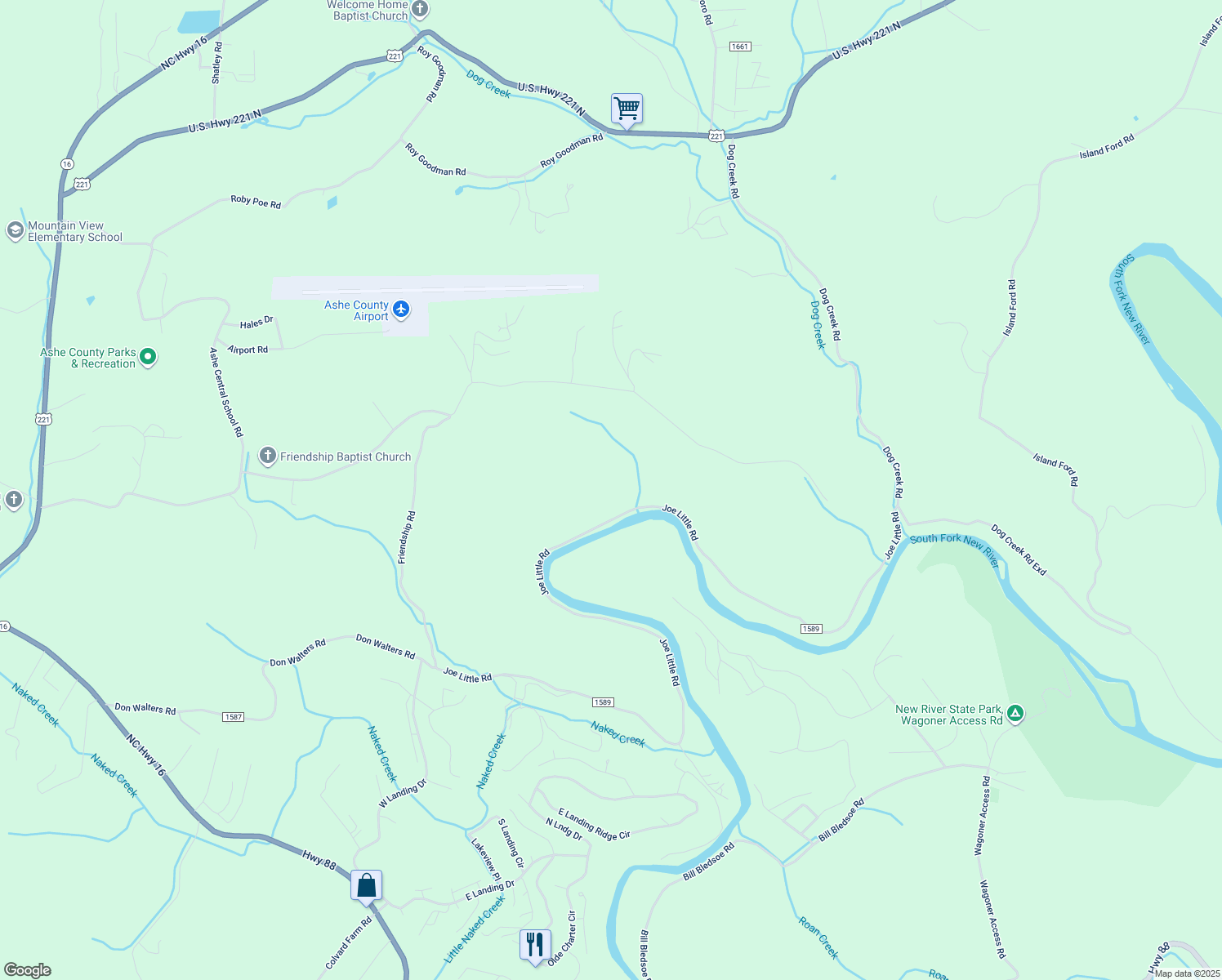 map of restaurants, bars, coffee shops, grocery stores, and more near 1963 Joe Little Road in Crumpler