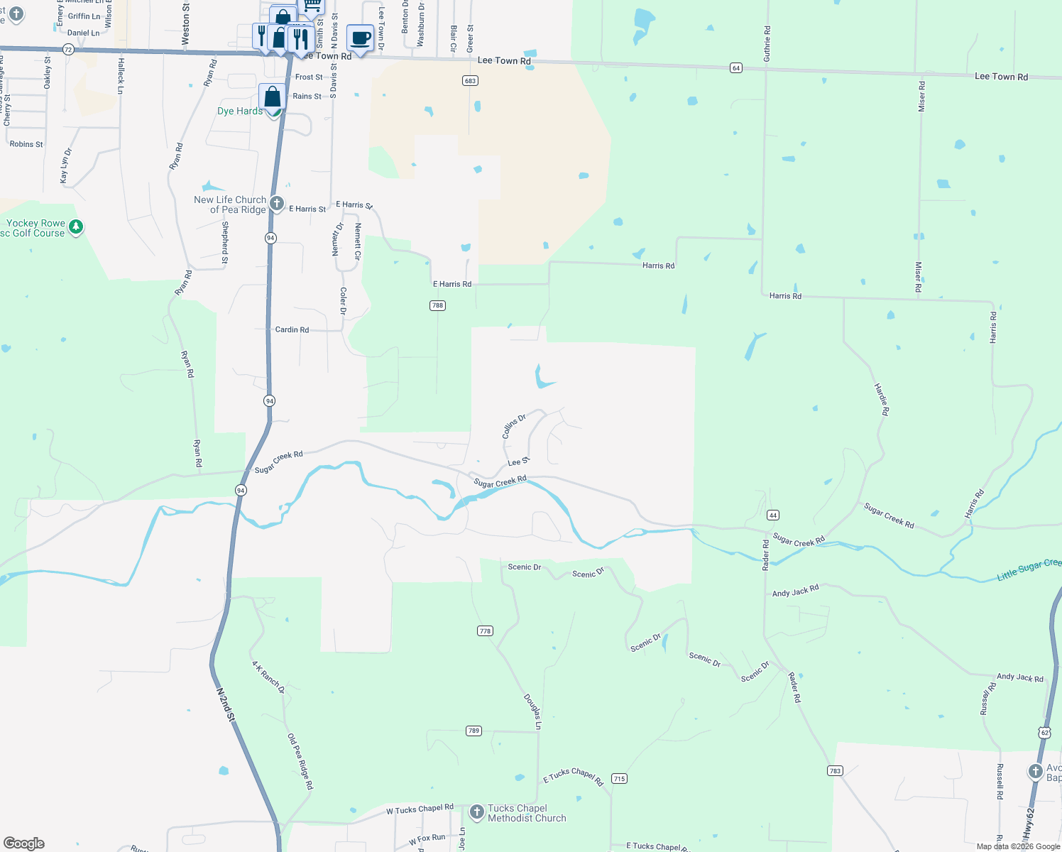 map of restaurants, bars, coffee shops, grocery stores, and more near 1420 Lee Street in Pea Ridge