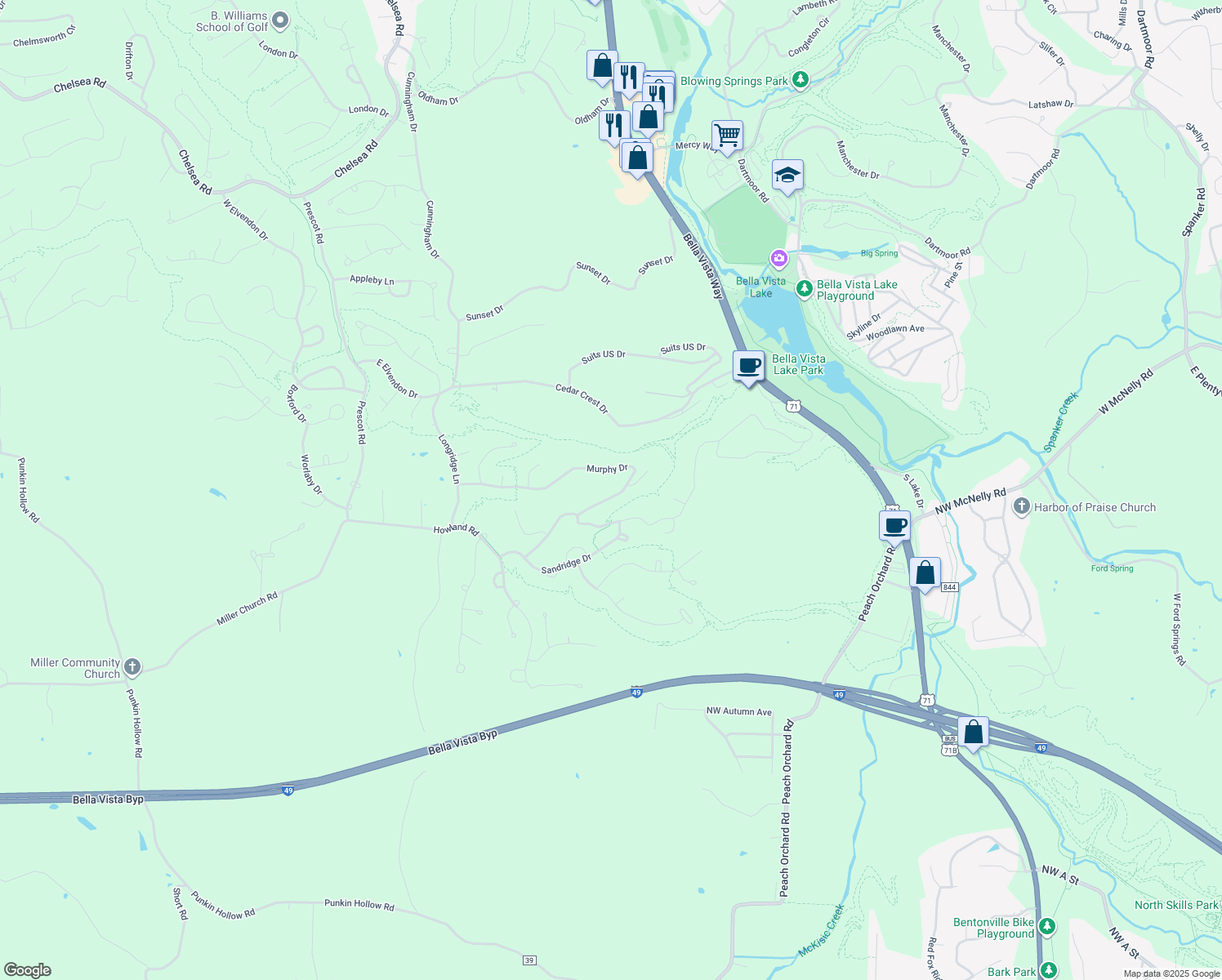 map of restaurants, bars, coffee shops, grocery stores, and more near 54 Murphy Drive in Bella Vista