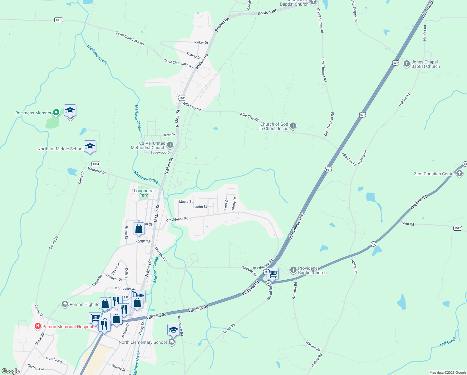 map of restaurants, bars, coffee shops, grocery stores, and more near 350 Woodhurst Lane in Roxboro
