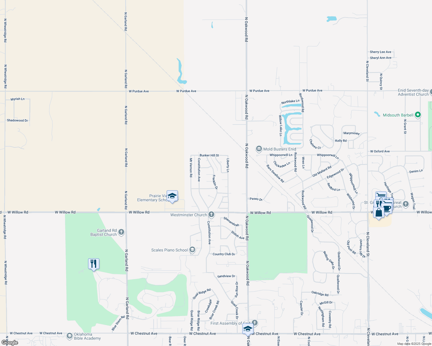map of restaurants, bars, coffee shops, grocery stores, and more near 2729 Franklin Drive in Enid