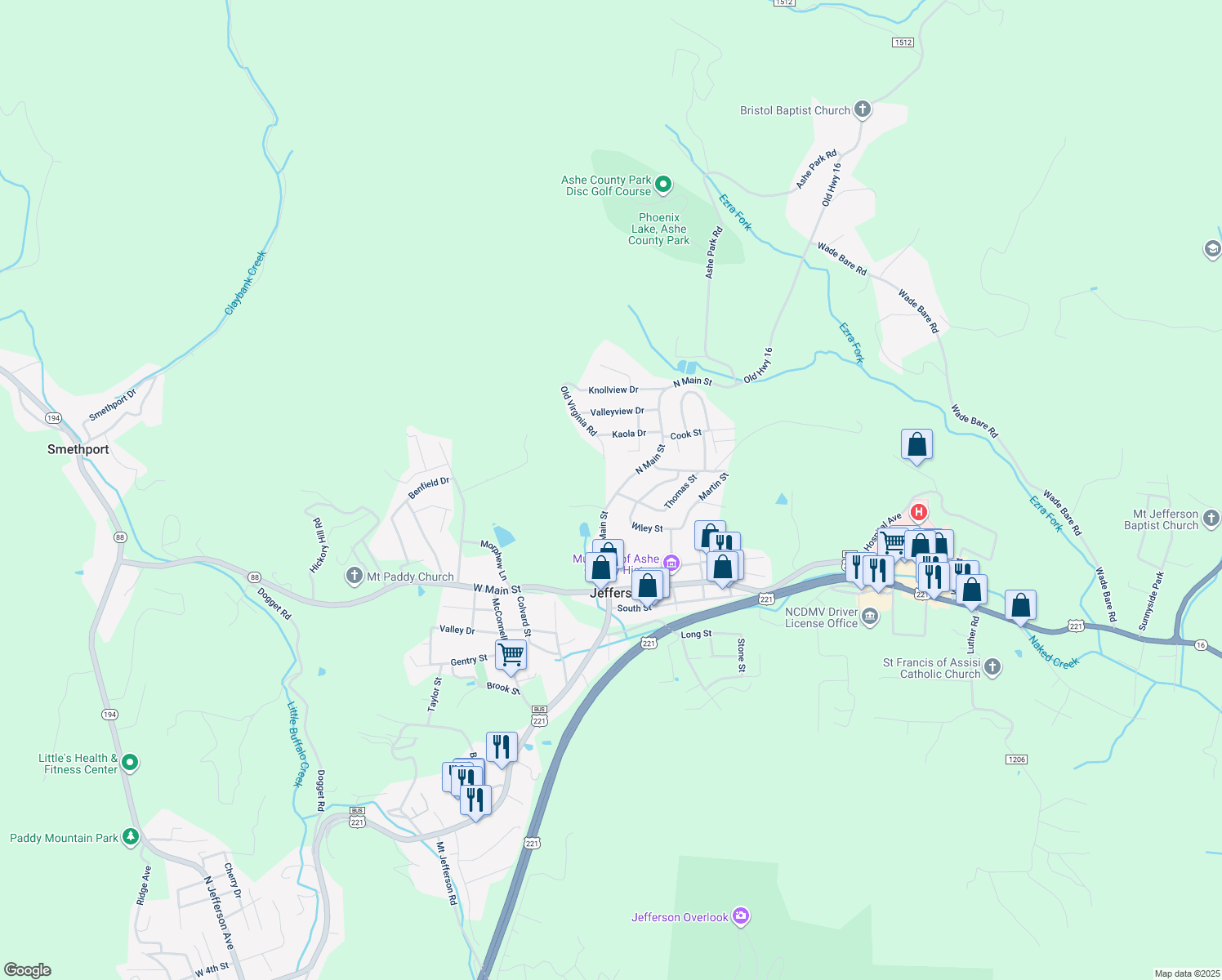 map of restaurants, bars, coffee shops, grocery stores, and more near 295 N Main St in Jefferson