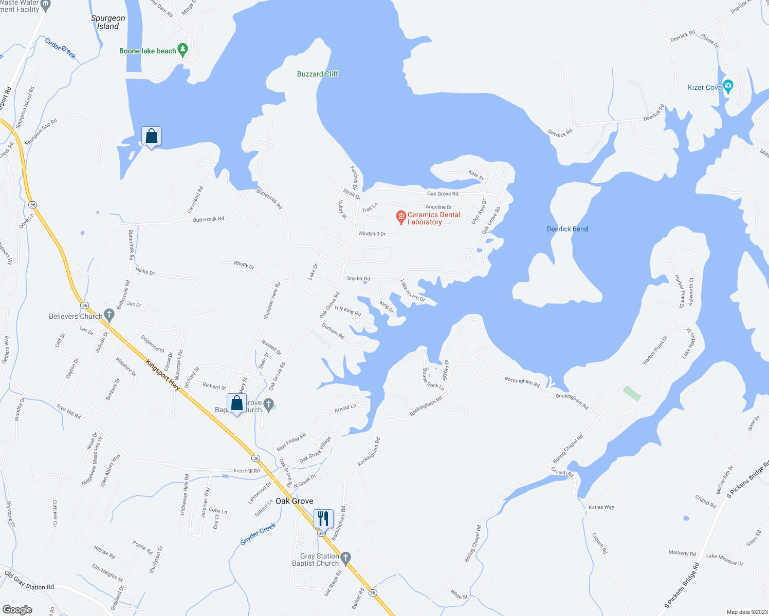 map of restaurants, bars, coffee shops, grocery stores, and more near 144 King Drive in Gray