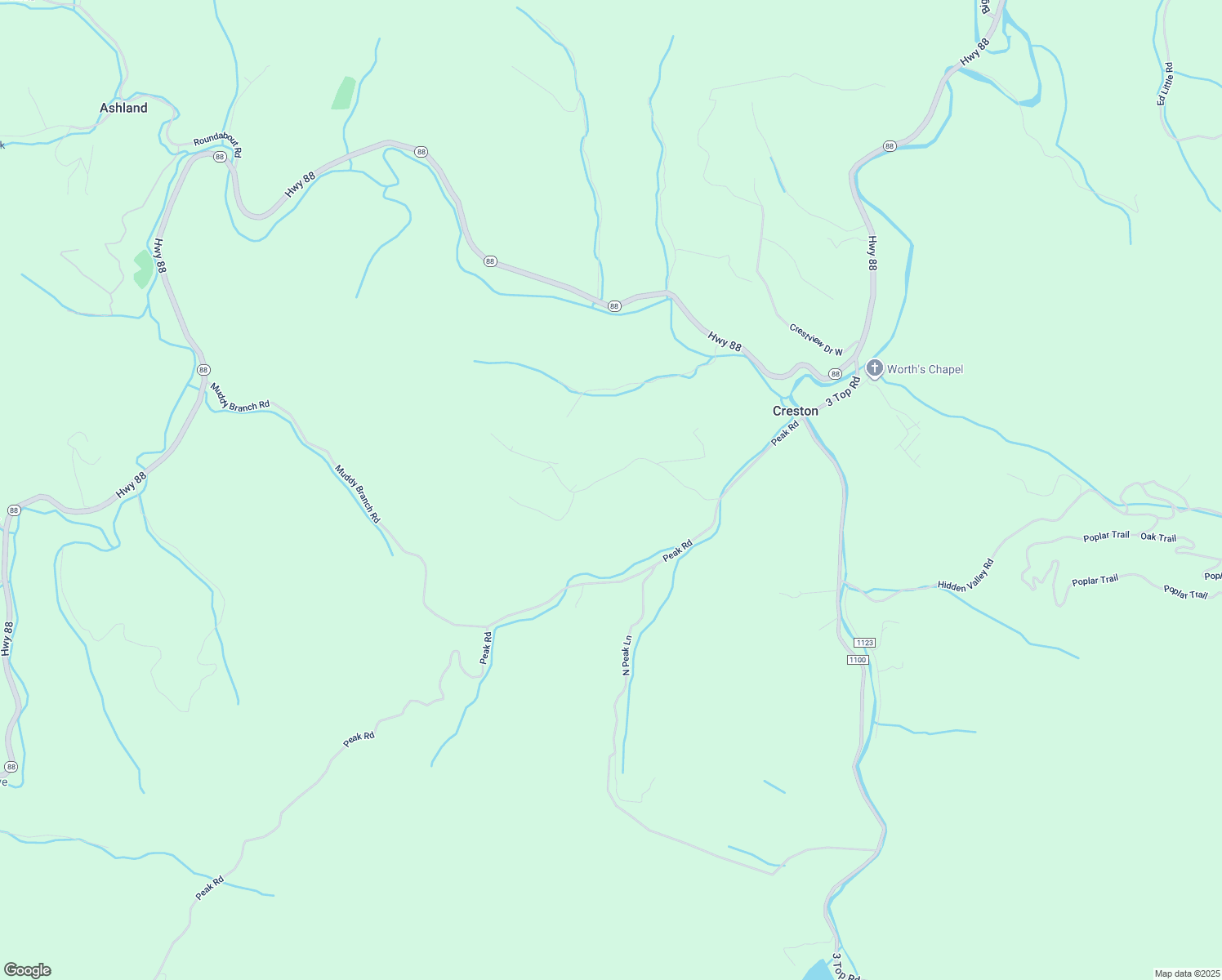 map of restaurants, bars, coffee shops, grocery stores, and more near 477 Trivette Hollow Road in Creston