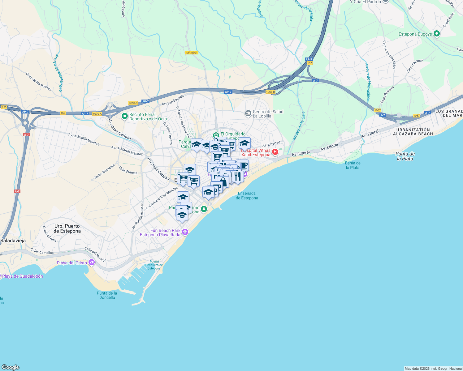 map of restaurants, bars, coffee shops, grocery stores, and more near 168 Avenida Andalucía in Estepona