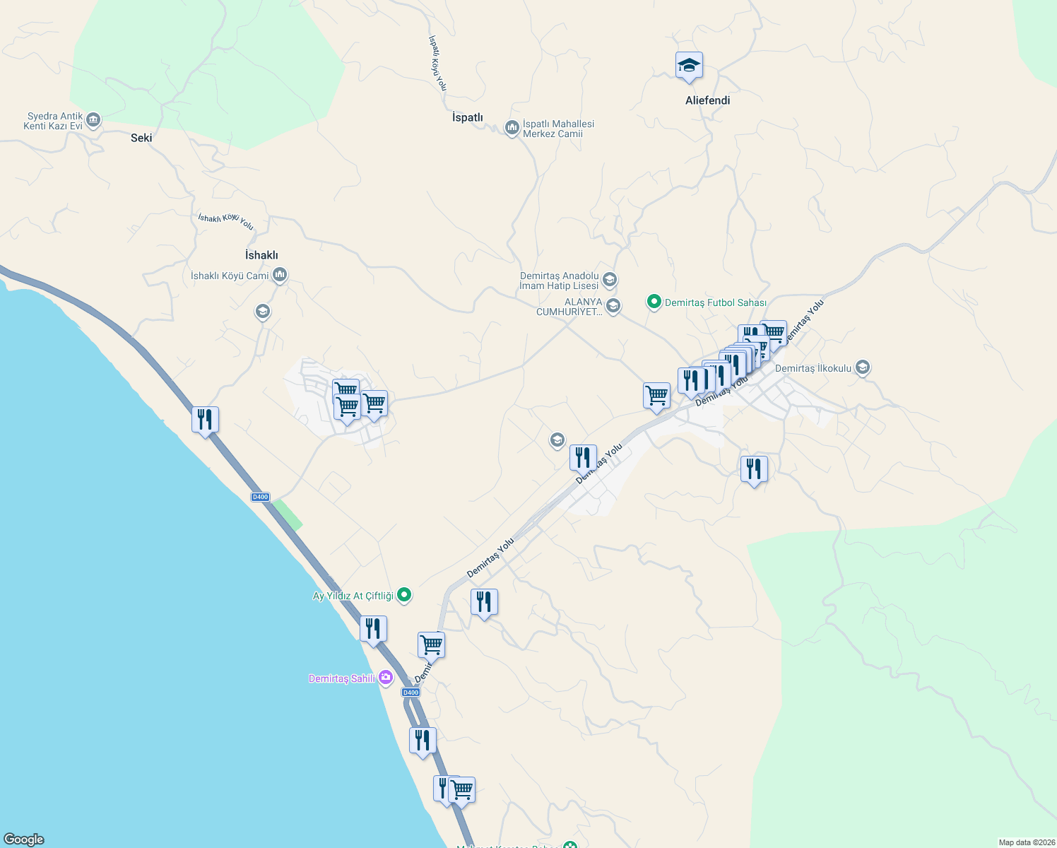 map of restaurants, bars, coffee shops, grocery stores, and more near 3F Mahallesi Köşk Sokak in Alanya