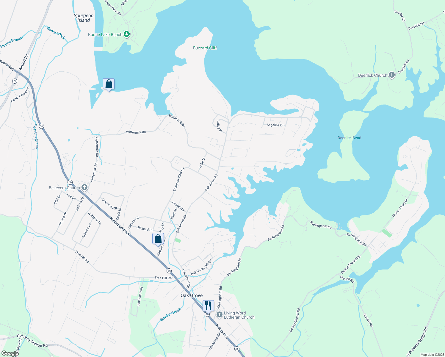 map of restaurants, bars, coffee shops, grocery stores, and more near 512 Oak Grove Road in Gray