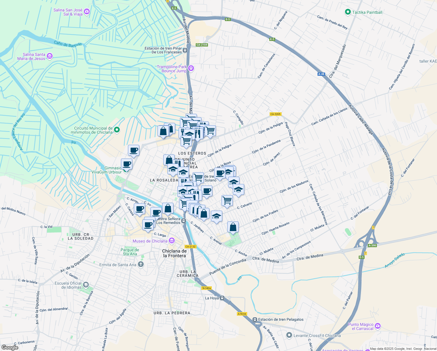 map of restaurants, bars, coffee shops, grocery stores, and more near 3 Calle Trébol in Chiclana de la Frontera