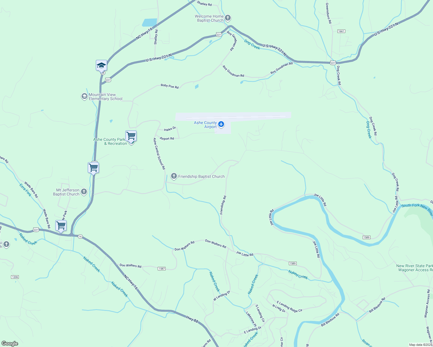 map of restaurants, bars, coffee shops, grocery stores, and more near 1226 Friendship Baptist Church Road in Jefferson