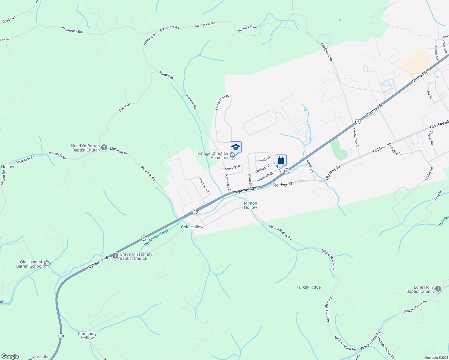 map of restaurants, bars, coffee shops, grocery stores, and more near 157 Harmon Rd in New Tazewell