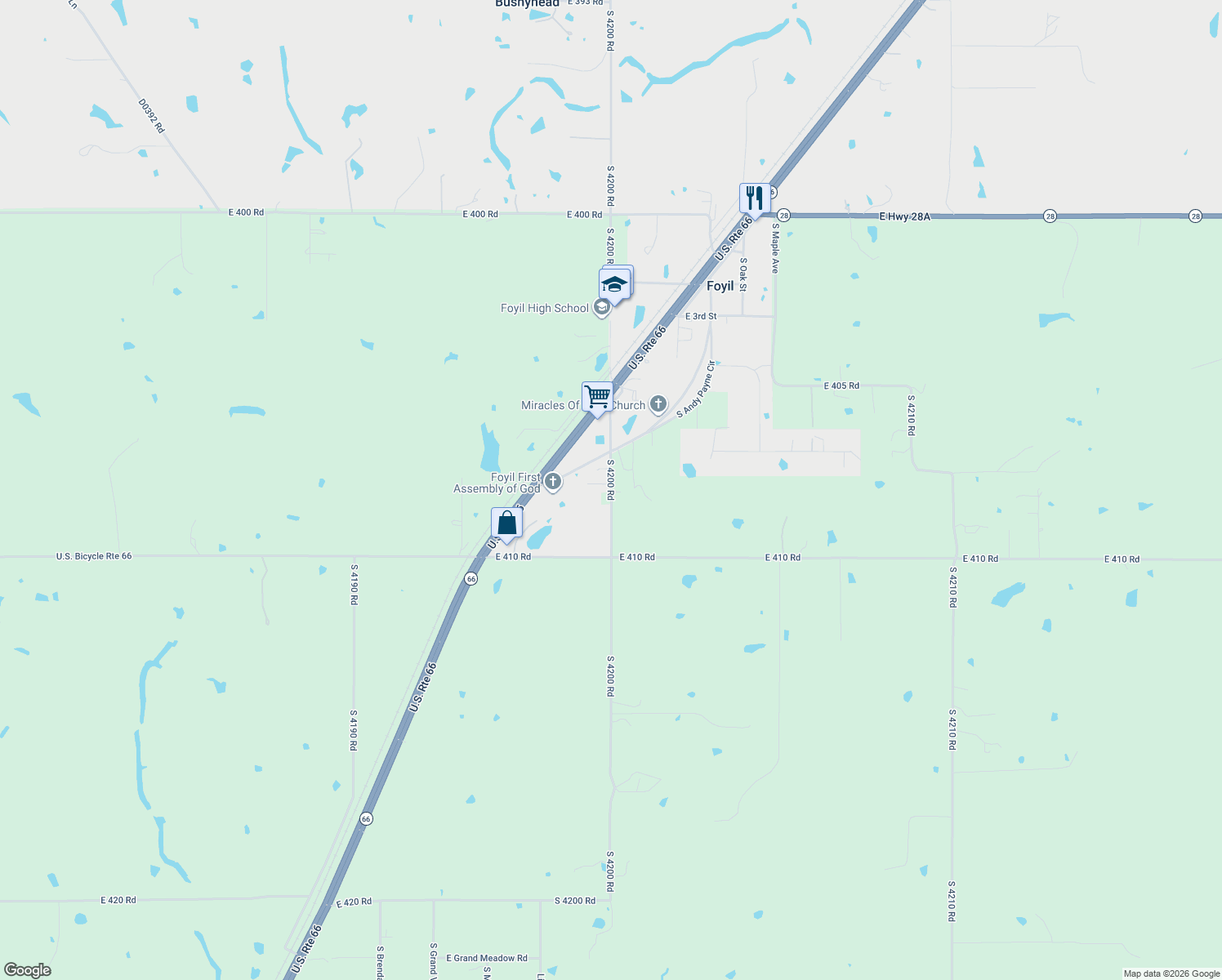 map of restaurants, bars, coffee shops, grocery stores, and more near 12825 South 4200 Road in Claremore