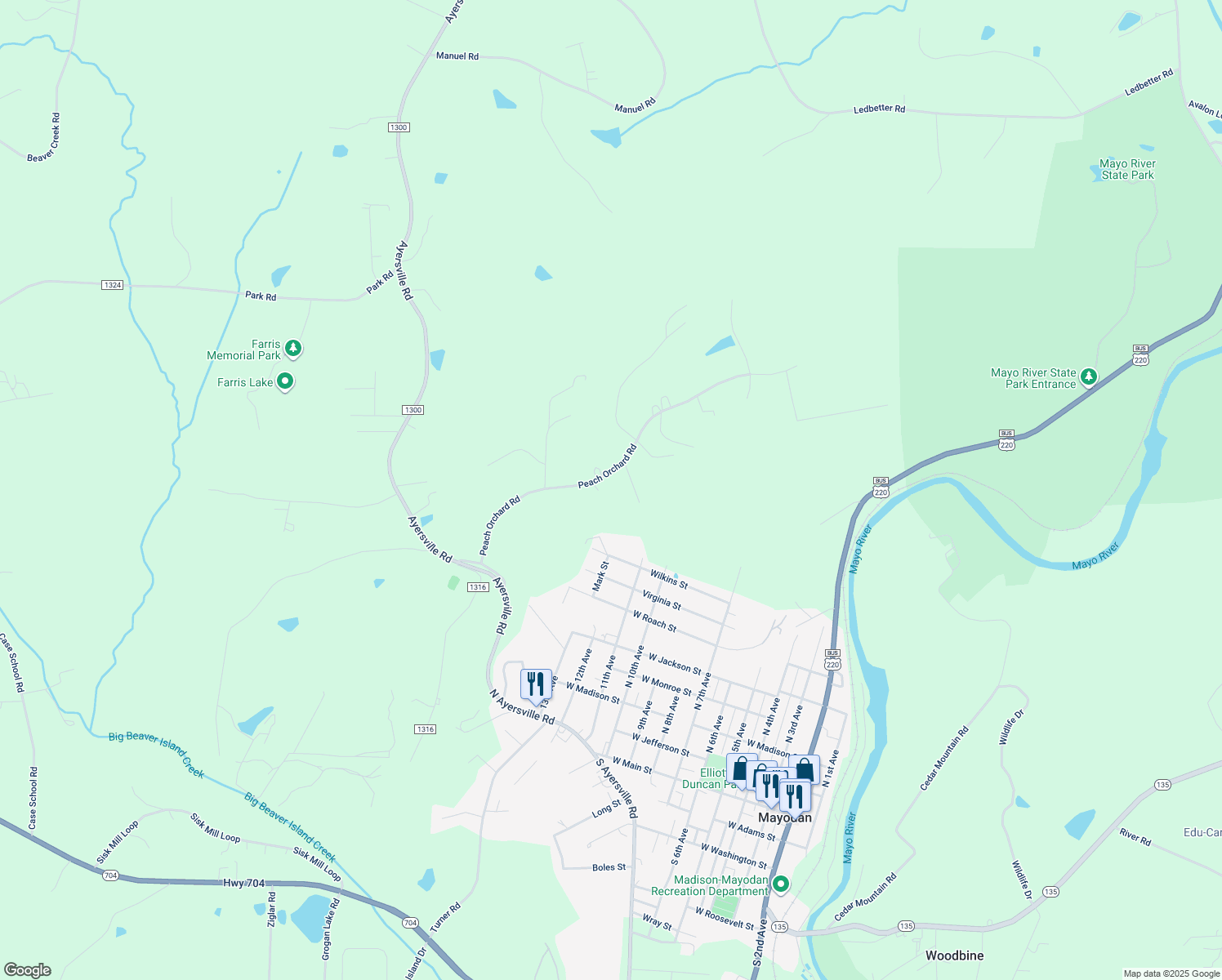map of restaurants, bars, coffee shops, grocery stores, and more near 367 Peach Orchard Road in Mayodan