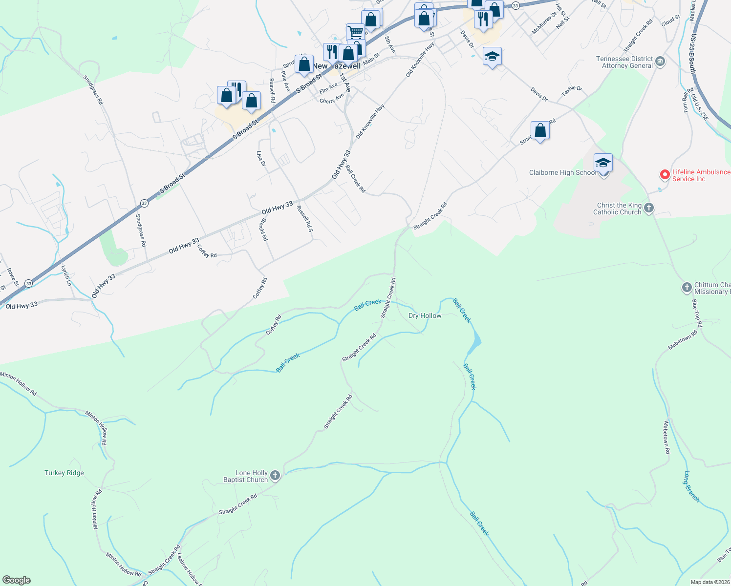 map of restaurants, bars, coffee shops, grocery stores, and more near 1173 Coffey Road in New Tazewell