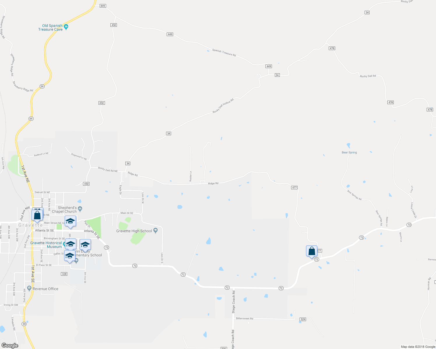 map of restaurants, bars, coffee shops, grocery stores, and more near 17864 Ridge Road in Gravette