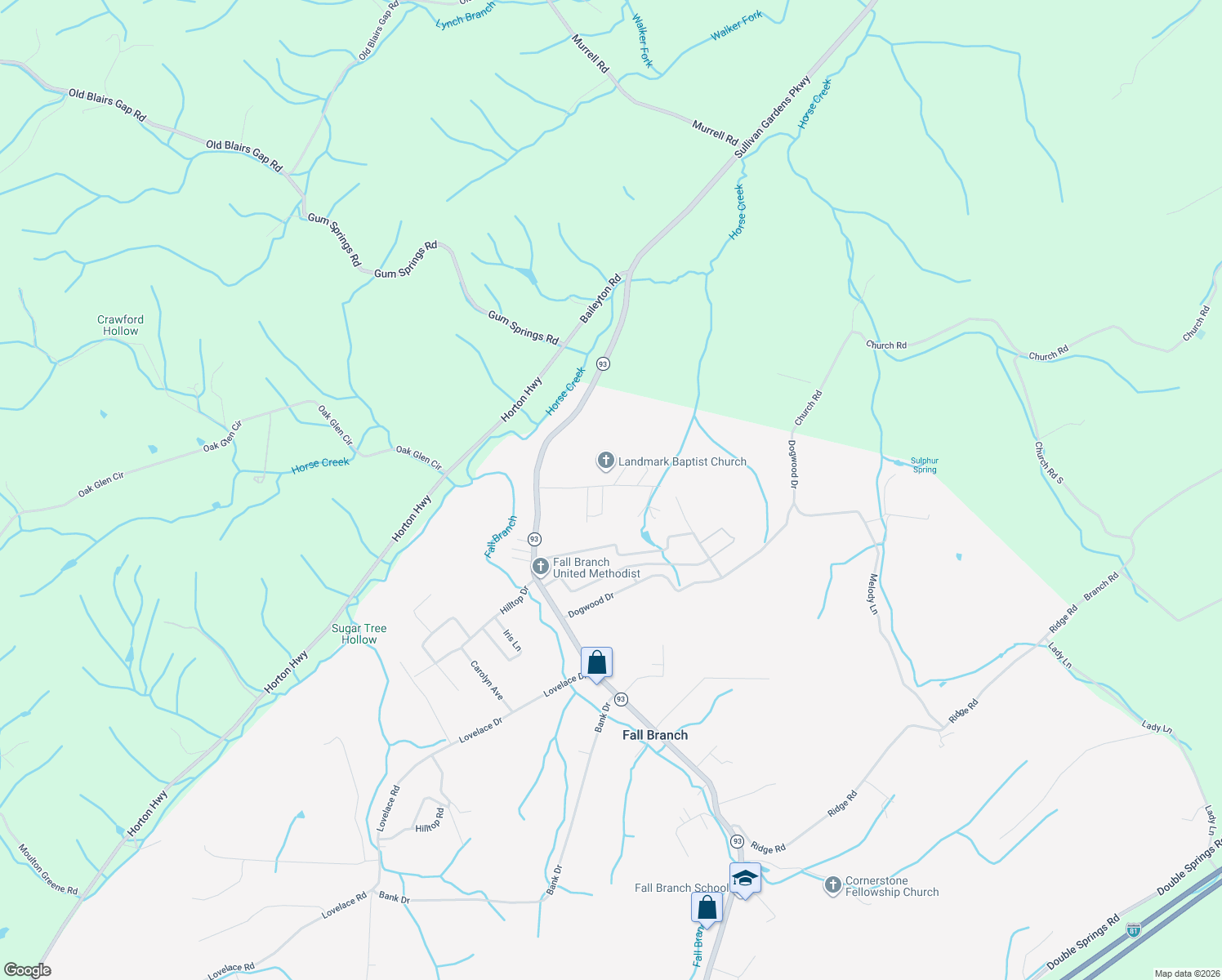 map of restaurants, bars, coffee shops, grocery stores, and more near 103 Reece Tunnell Circle in Fall Branch