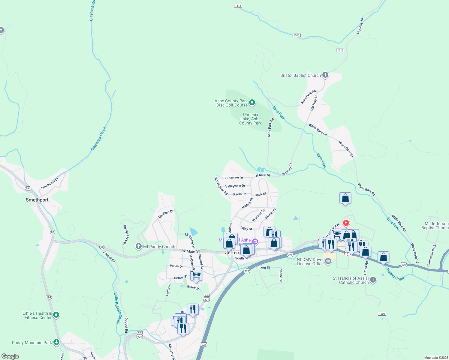 map of restaurants, bars, coffee shops, grocery stores, and more near 257 Knollview Drive in Jefferson