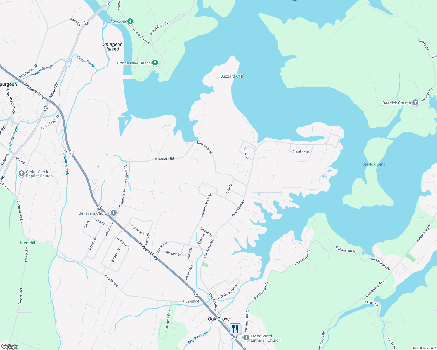 map of restaurants, bars, coffee shops, grocery stores, and more near 394 Buttermilk Road in Johnson City