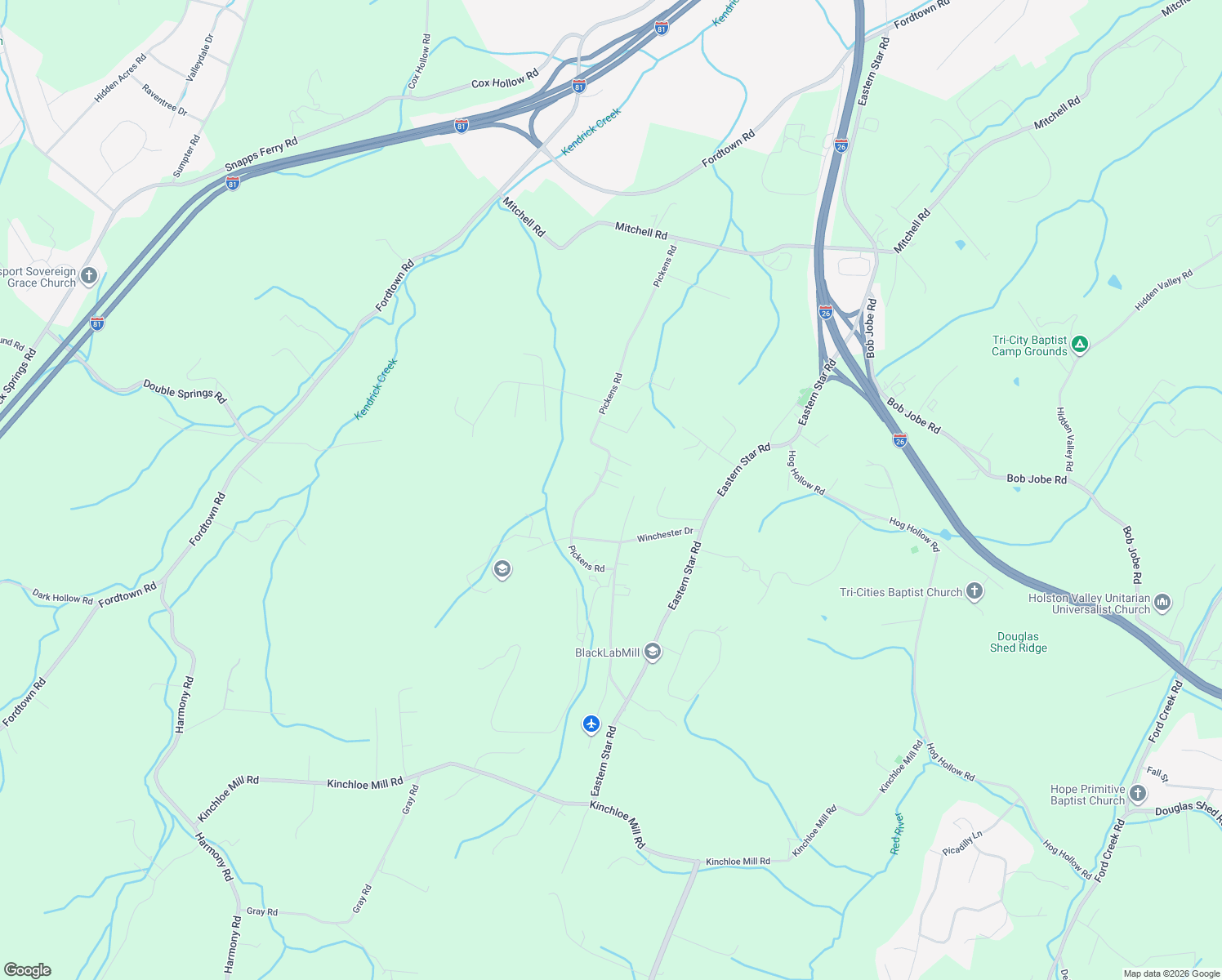 map of restaurants, bars, coffee shops, grocery stores, and more near 177 Pickens Rd in Kingsport