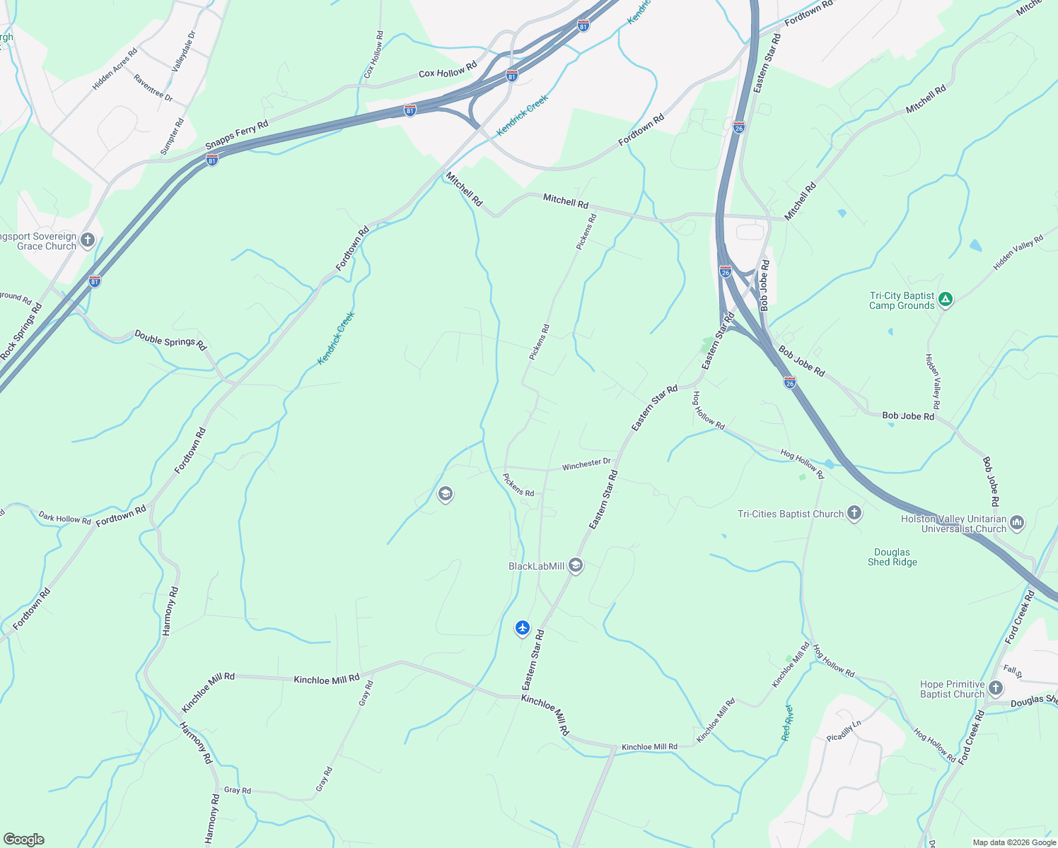map of restaurants, bars, coffee shops, grocery stores, and more near 177 Pickens Road in Kingsport