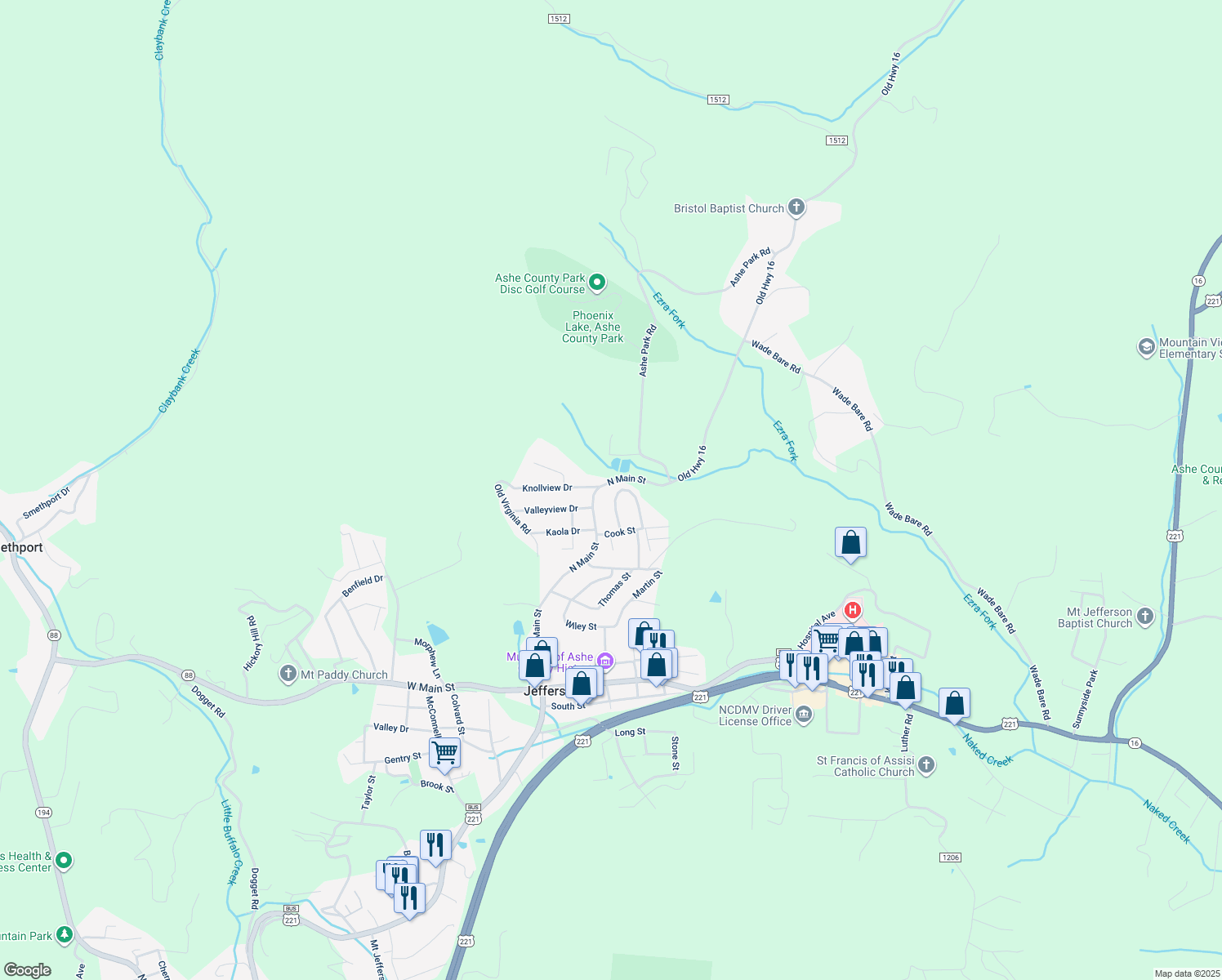 map of restaurants, bars, coffee shops, grocery stores, and more near 702 North Main Street in Jefferson