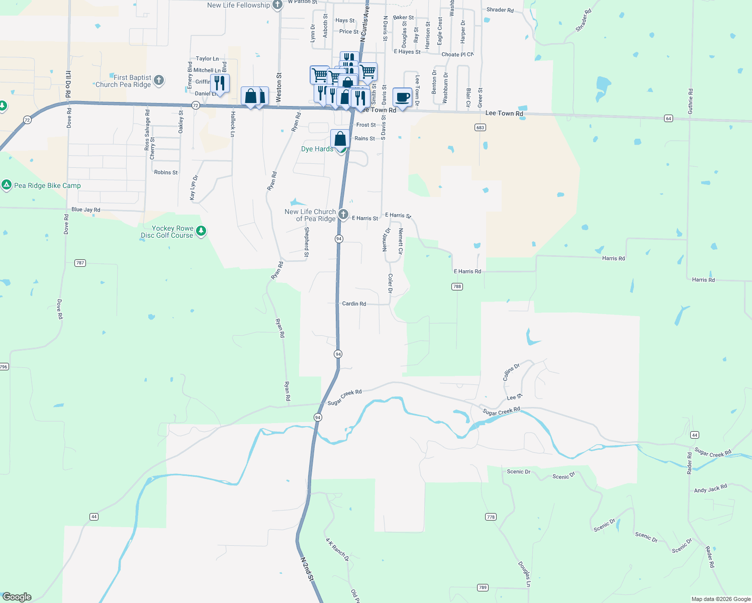 map of restaurants, bars, coffee shops, grocery stores, and more near 268 Cardin Rd in Pea Ridge