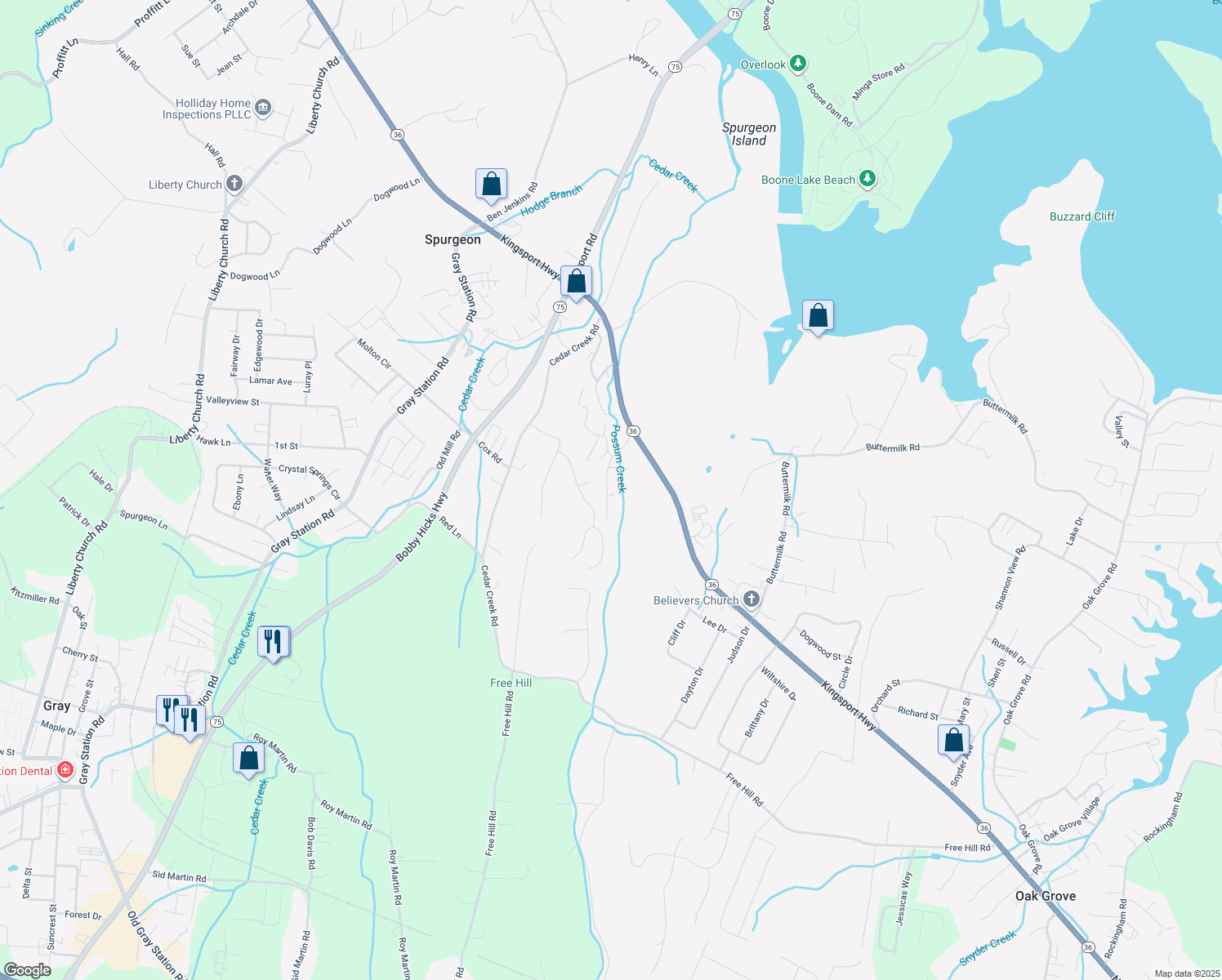 map of restaurants, bars, coffee shops, grocery stores, and more near 157 Dove Lane in Gray