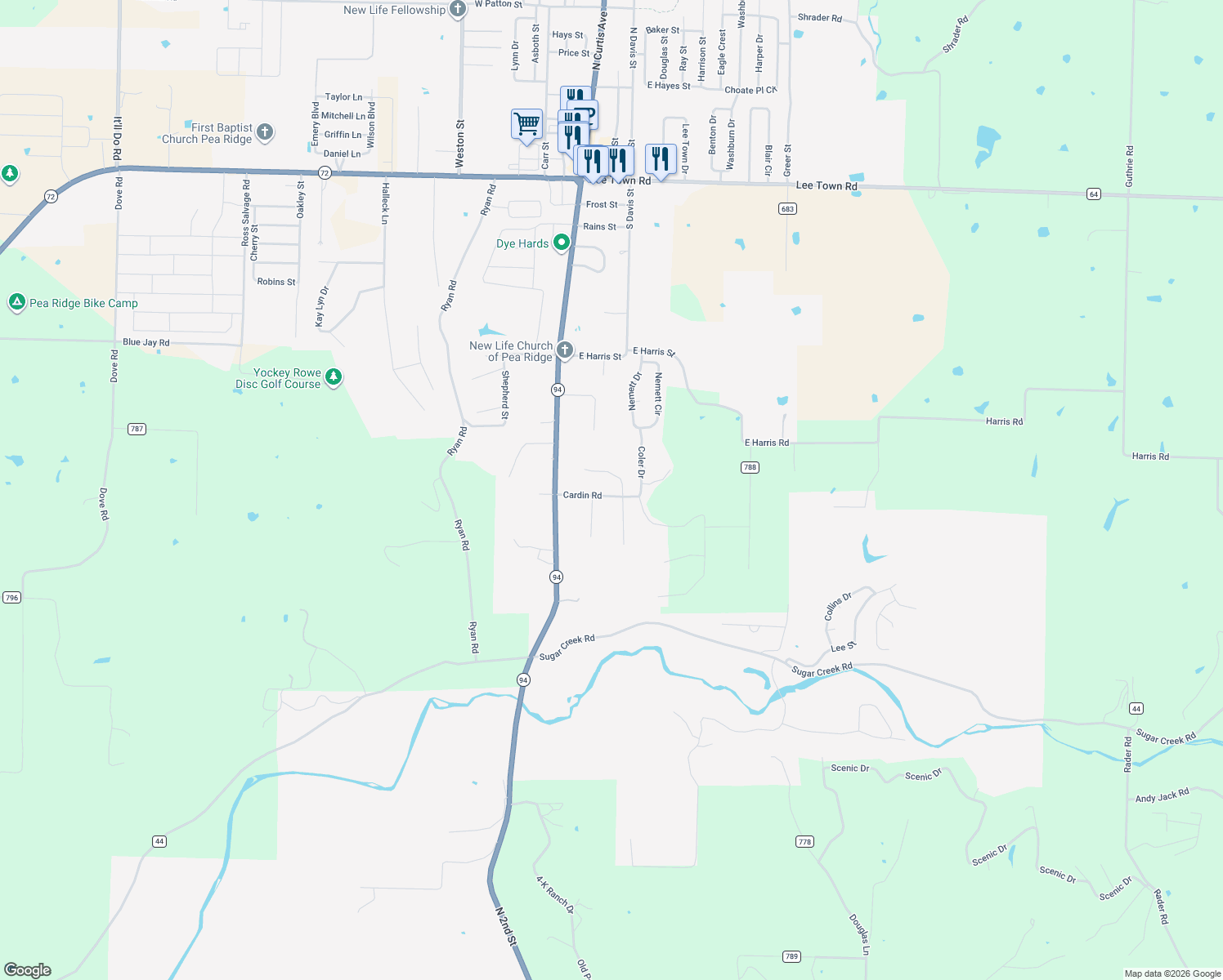 map of restaurants, bars, coffee shops, grocery stores, and more near 268 Cardin Road in Pea Ridge