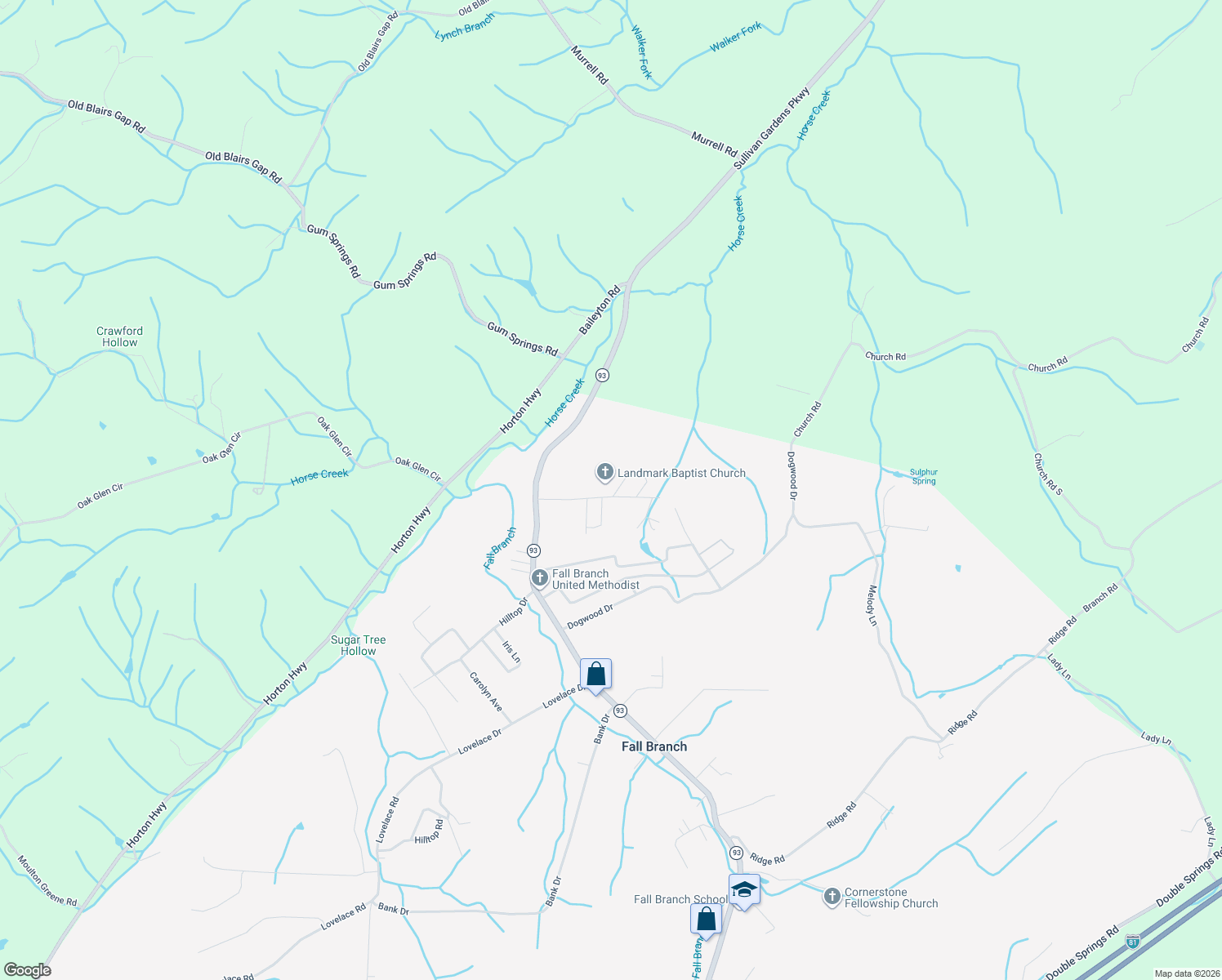 map of restaurants, bars, coffee shops, grocery stores, and more near 103 Reece Tunnell Circle in Fall Branch
